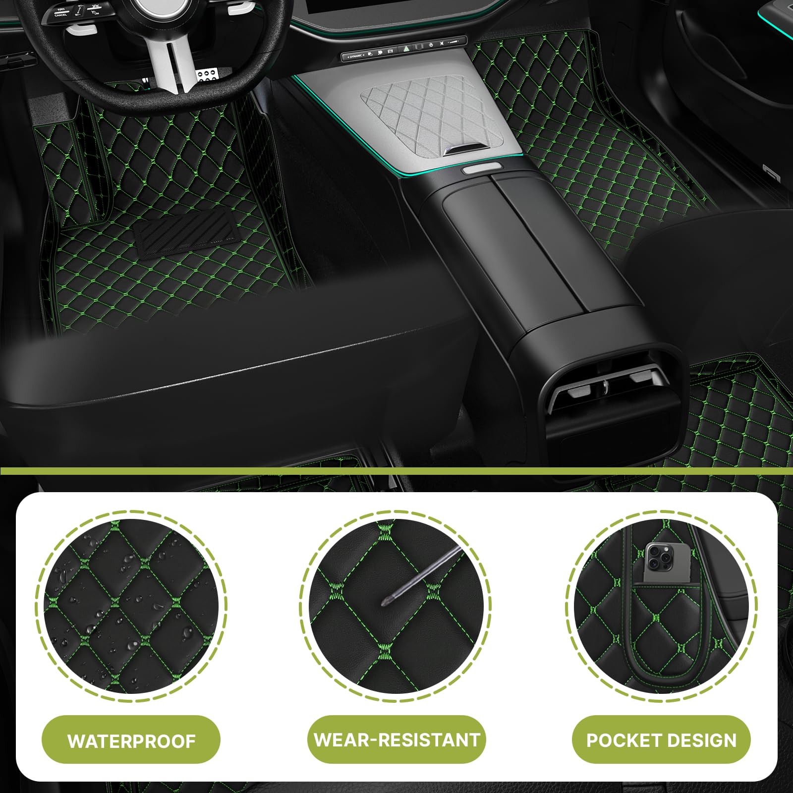 Premium Custom All-Weather Non-Slip Leather Car Floor Mats for Lexus RC 200T/300/350/RC F (2015-2022 Models) - Perfect Fit, Durable Protection for Daily Driving & Road Trips (Black-Green Color Option)