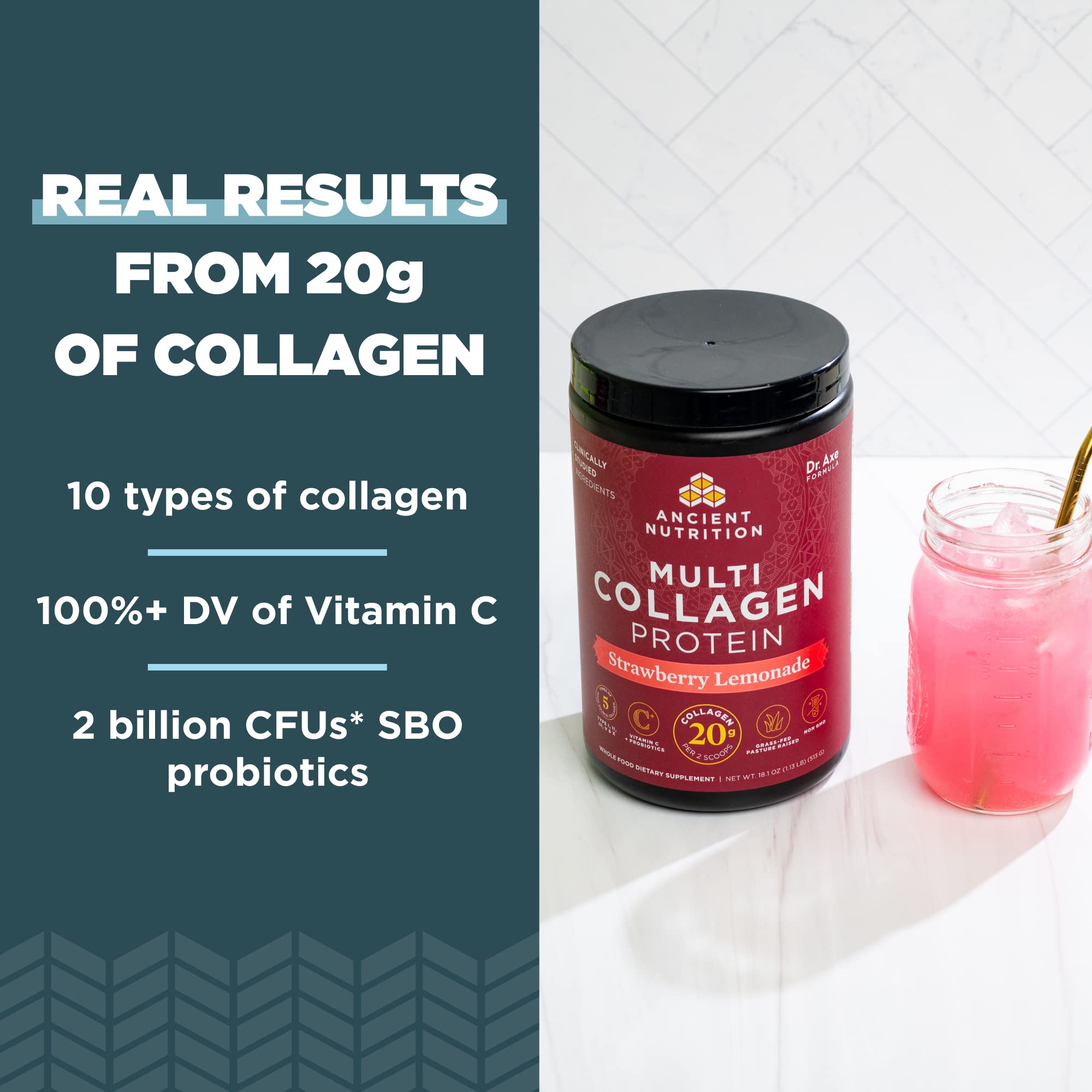 Ancient Nutrition Multi Collagen Protein Powder - Strawberry Lemonade Flavor (9.65oz, 24 Servings) with Hydrolyzed Collagen Peptides & Vitamin C for Skin, Nails, Gut & Joint Health | Perfect for Smoothies, Post-Workout Recovery & Daily Wellness Boost