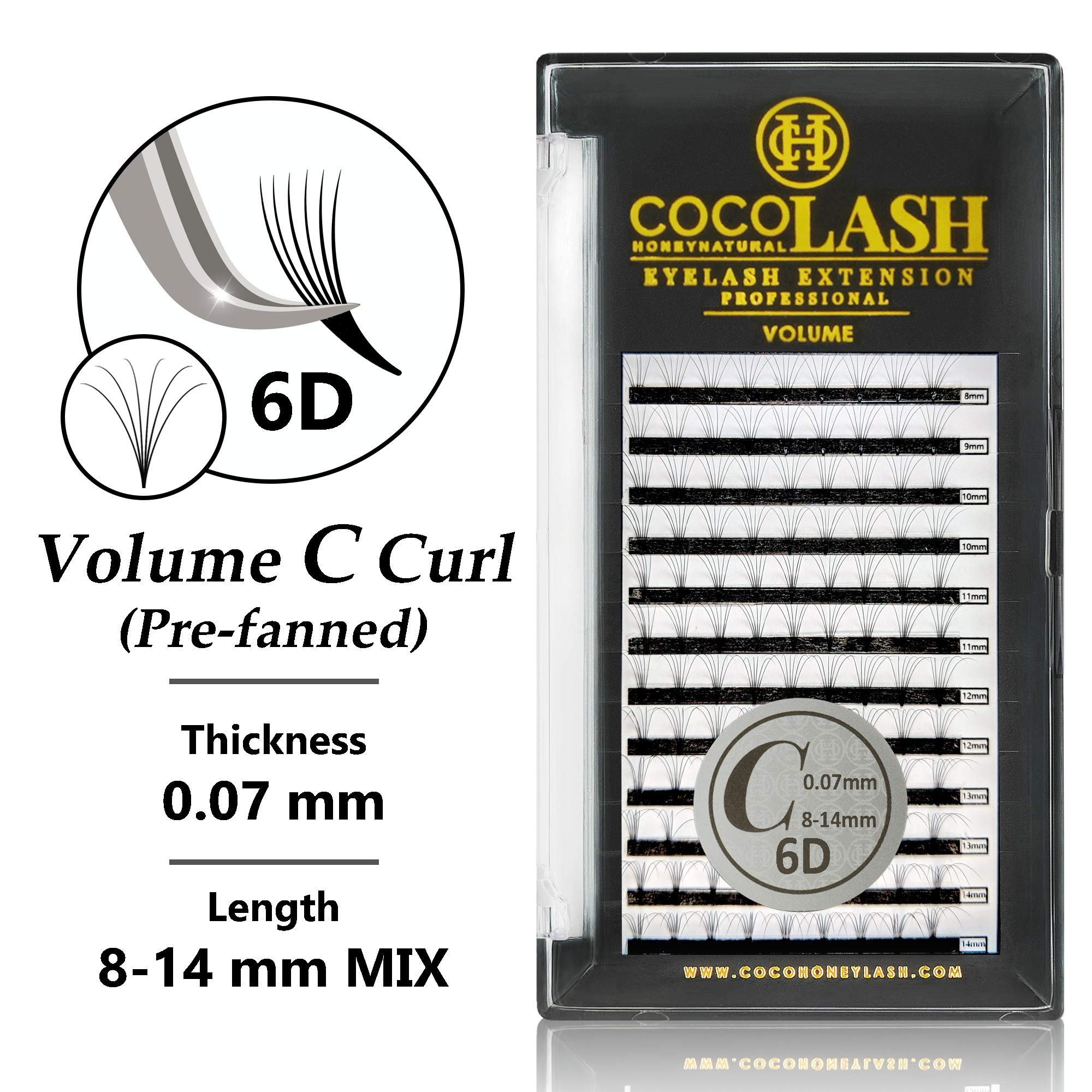 Premium COCO Honey Lash Eyelash Extensions - 6D Volume C Curl (0.07mm) Faux Mink Individual Lashes - 8-14mm Mixed Length Set for Natural & Glamorous Look - Perfect for Weddings, Parties & Daily Wear