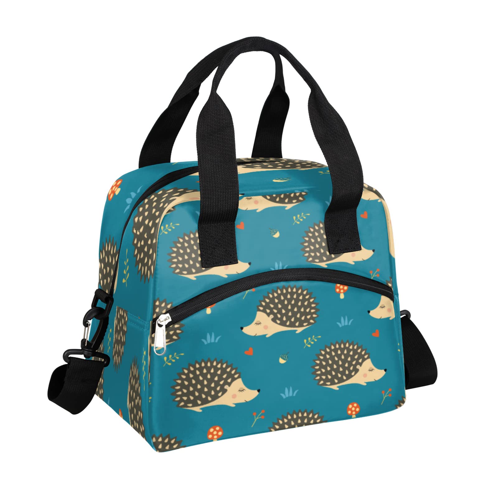Leakproof Hedgehog Insulated Lunch Bag with Front Pocket & Shoulder Strap - Water-resistant Thermal Cooler Tote for Picnic, Hiking, Beach, Work - Cute Animal Lunch Box for Adults & Kids
