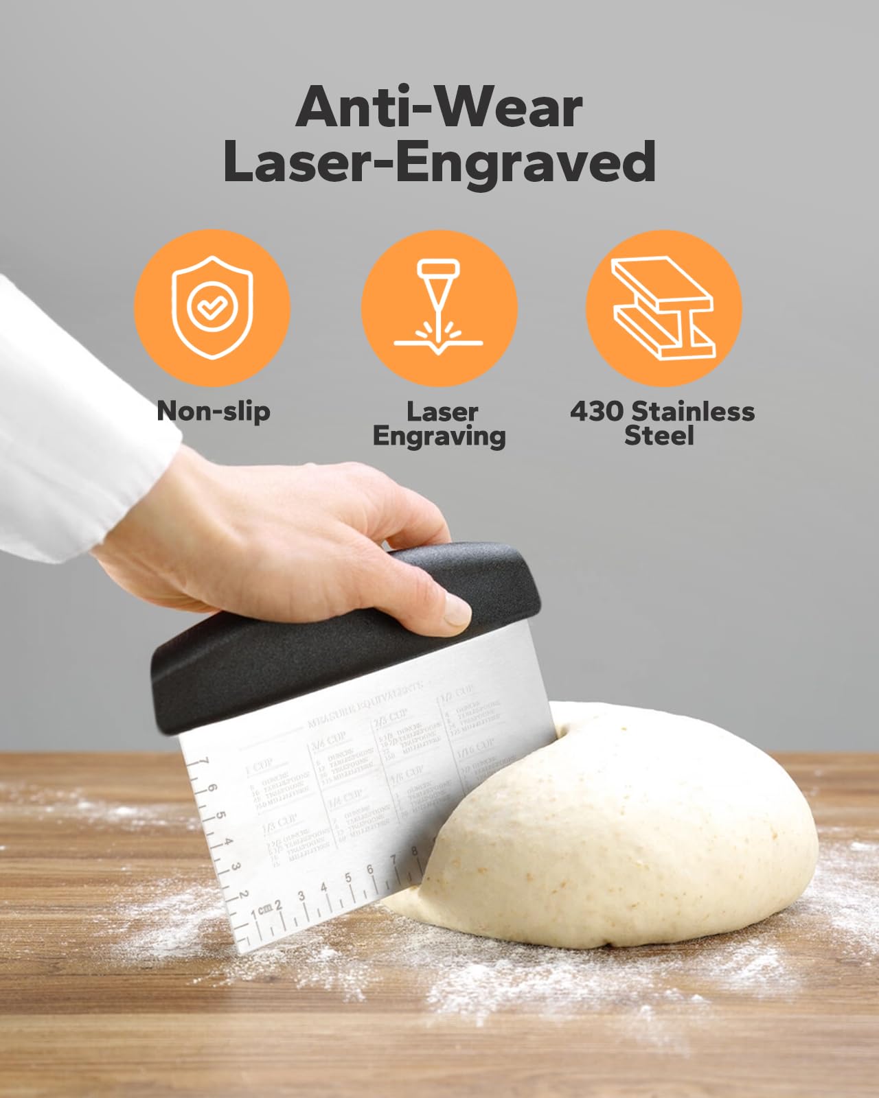 Stainless Steel Bench Scraper (2 Pack) - Multi-Purpose Pastry & Dough Cutter Tool with Ergonomic Grip, Measuring Scale & Conversion Chart - Perfect for Baking Bread, Cookies, Pie Crusts & Pastry Making