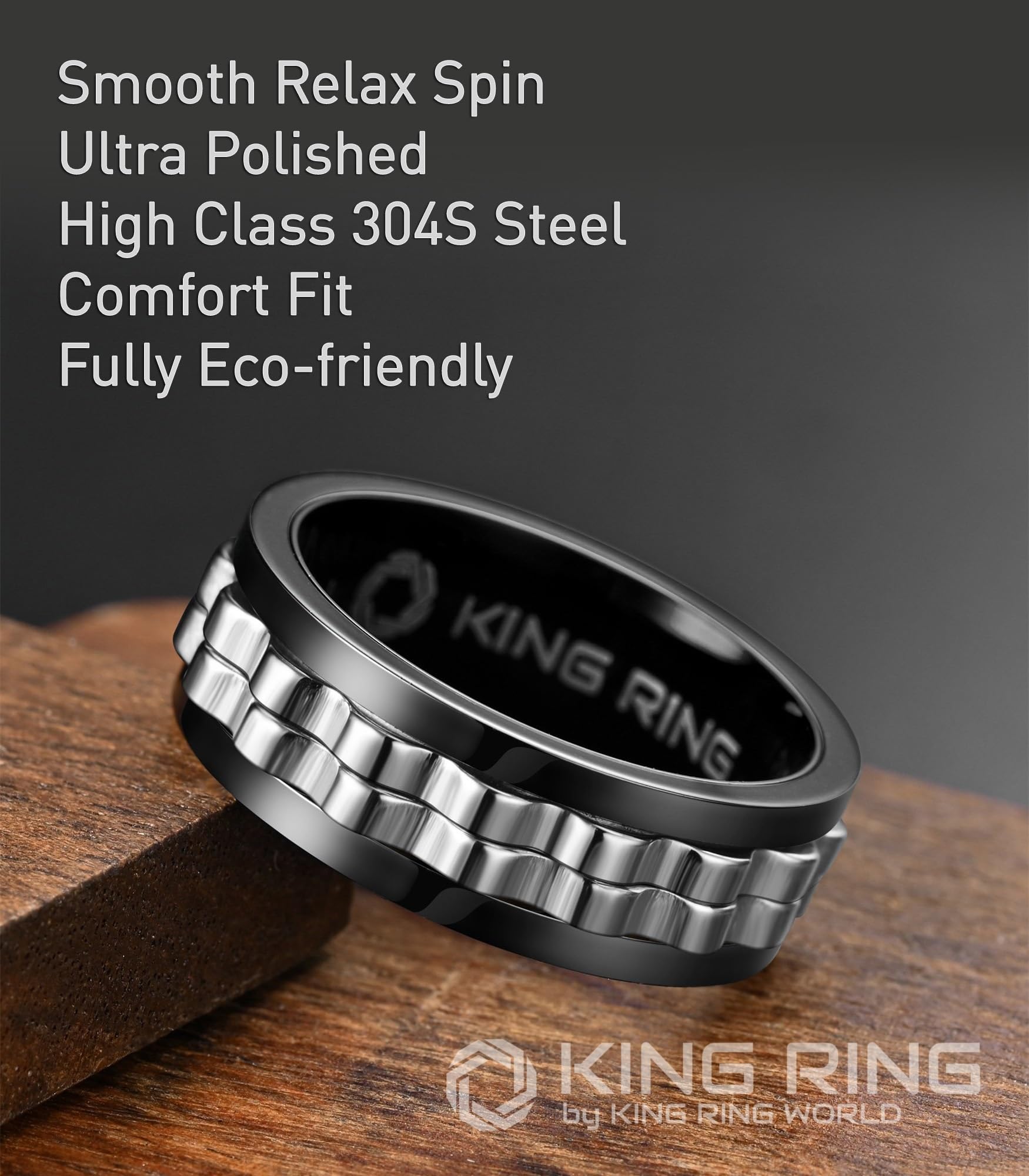 8mm King Ring Gear Spinner Fidget Ring for Men & Women - Ultra Polished Stainless Steel Anxiety Relief Ring - Perfect for Stress Relief, Focus & Office Use - Designed in USA