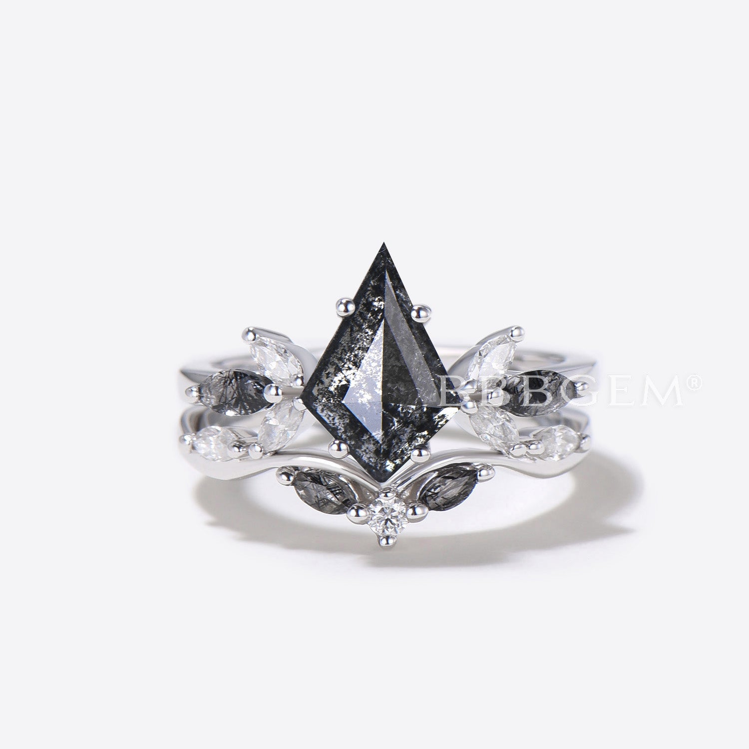 Natural Salt and Pepper Diamond Black Rutilated Quartz Cluster Bridal Ring Set - Unique Wedding Band for Engagement, Anniversary & Special Occasions