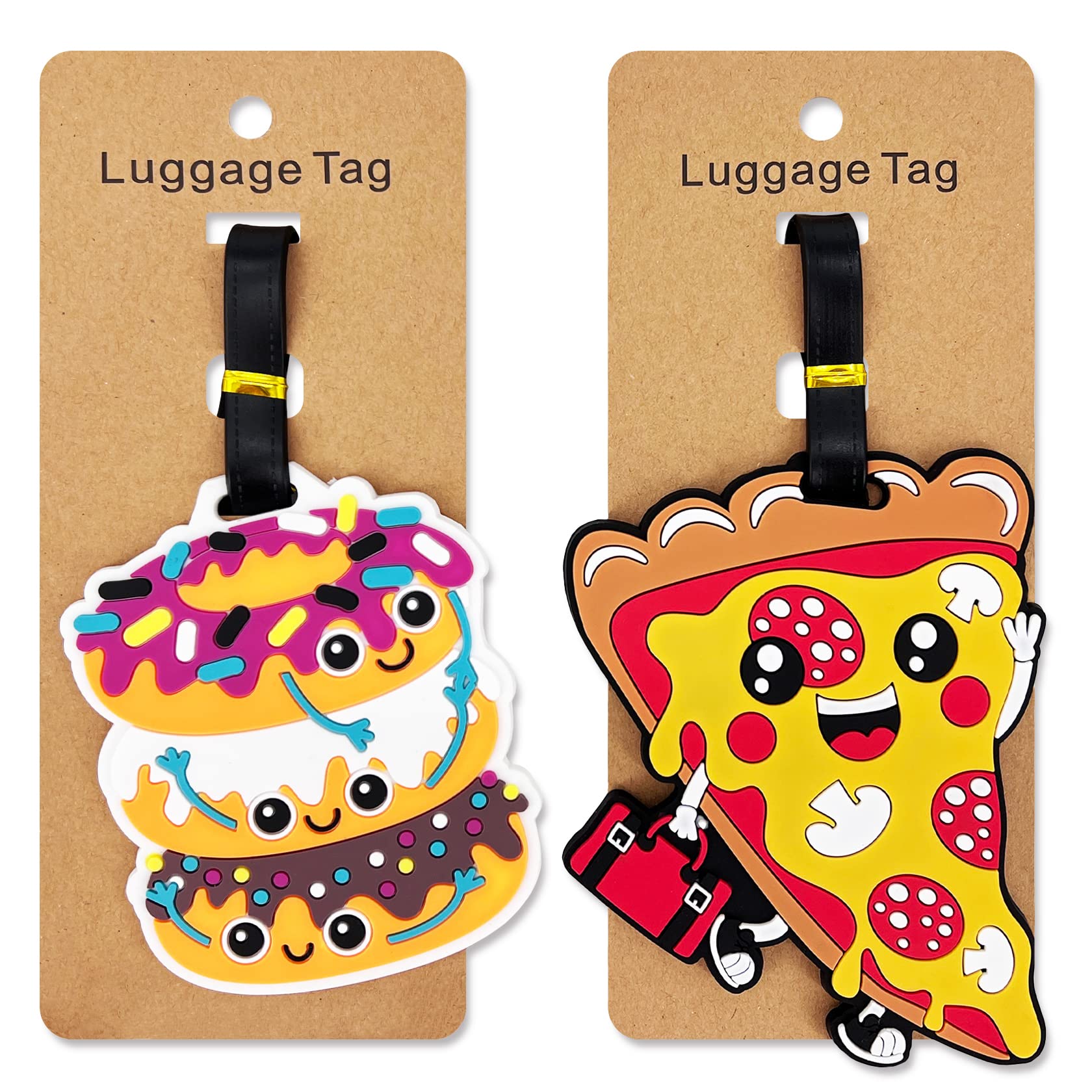 Funny Pizza Silicone Luggage Tags 2-Pack - Cute Suitcase ID Tags with Name Card Holder - Perfect for Travel, Vacation & Airplane Luggage Identification