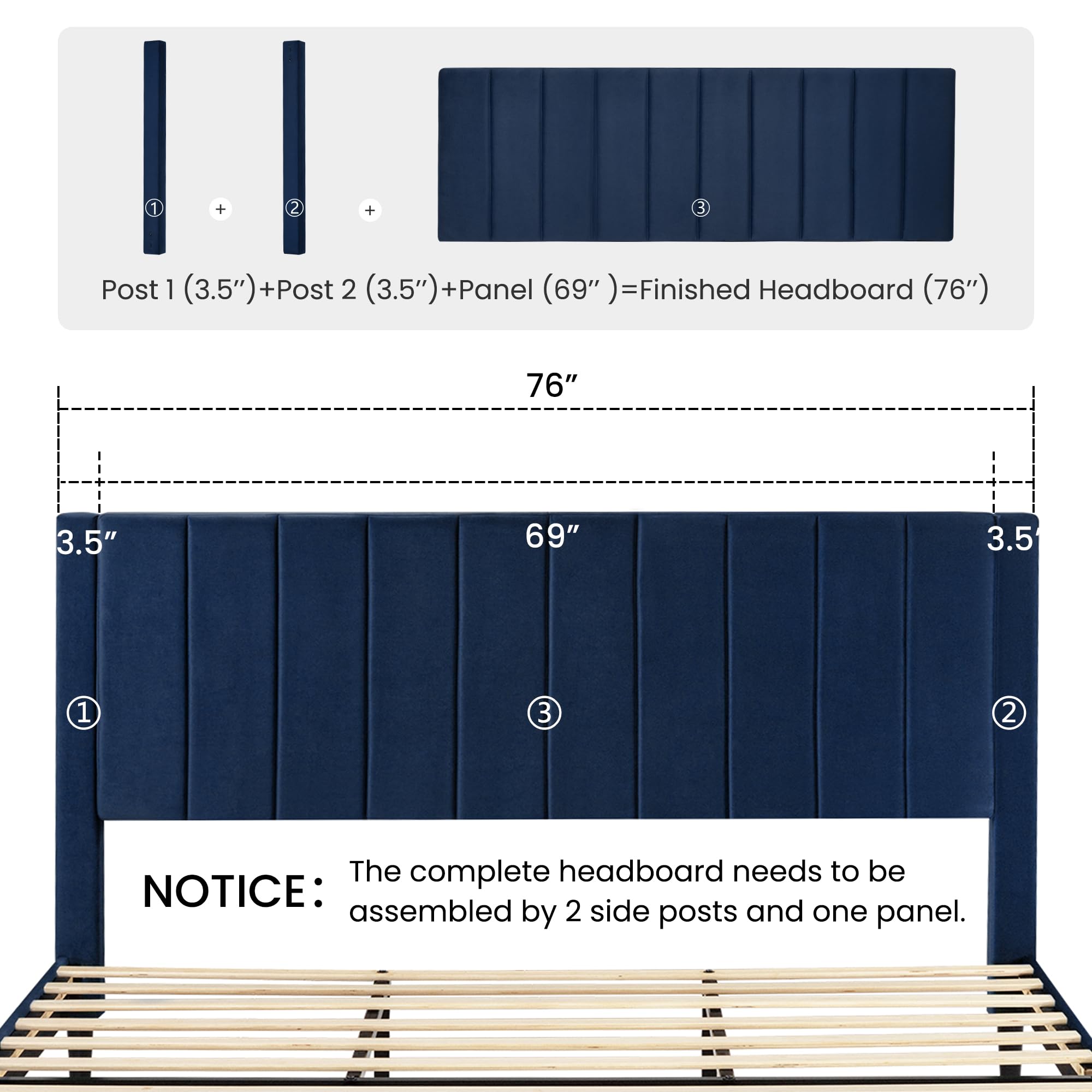 Luxury SHA CERLIN King Size Bed Frame - Dark Blue Velvet Upholstered Platform Bed with Headboard | Sturdy Wood Slat Support | No Box Spring Required | Perfect for Master Bedroom & Guest Room Decor