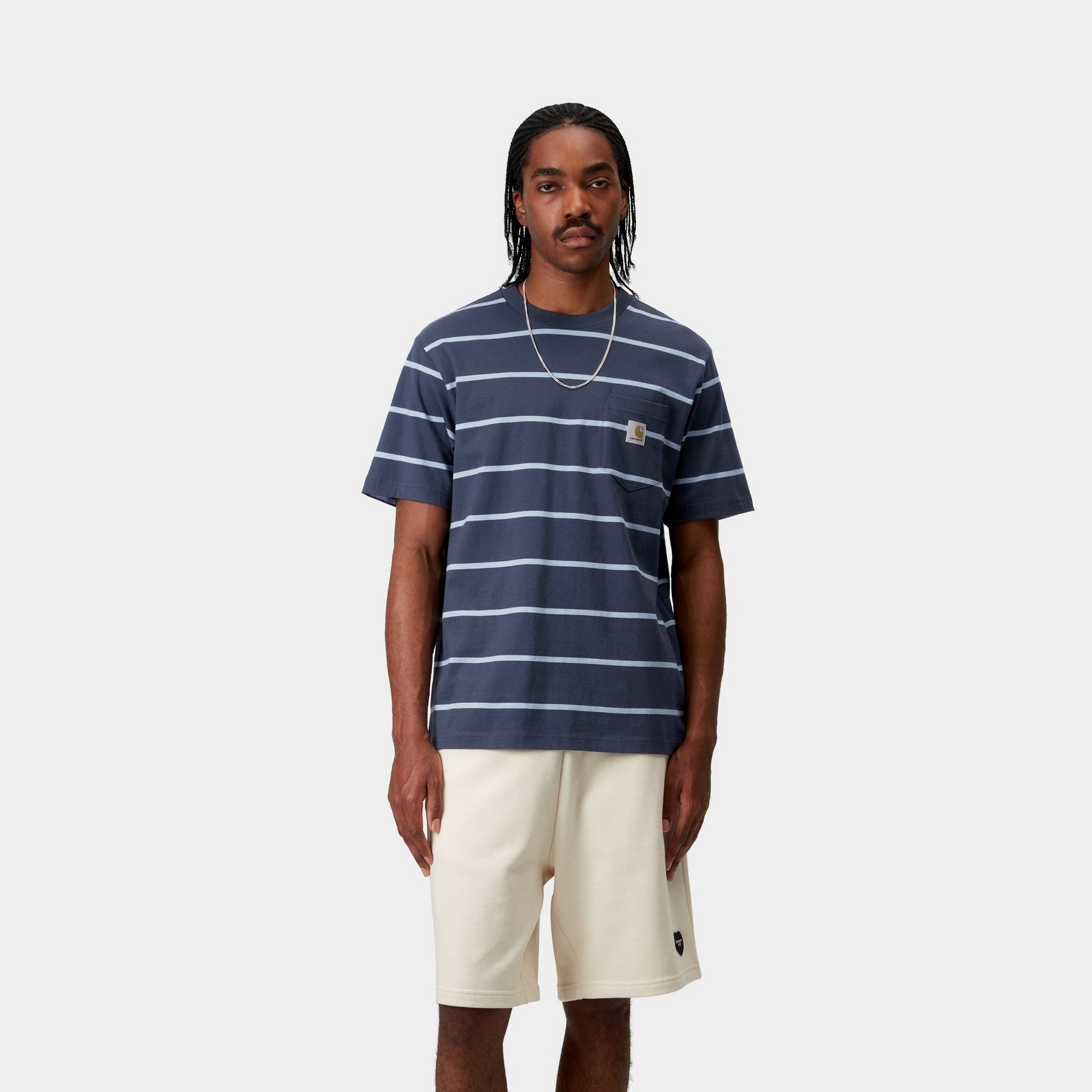 Aiken Stripe Pocket T-Shirt for Men | Casual Short Sleeve Tee in Dusky Blue | Perfect for Everyday Wear, Outings & Relaxing