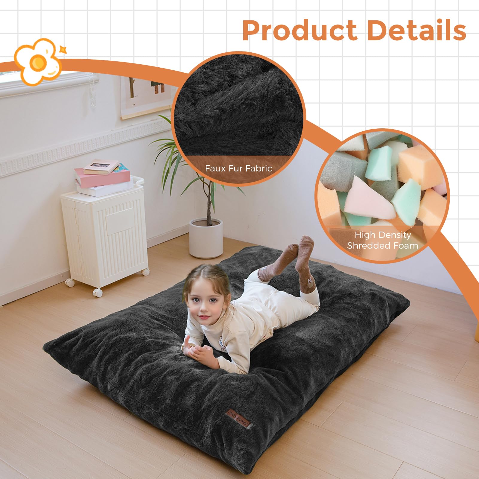 MAXYOYO 3-in-1 Kids Bean Bag Chair Bed - Convertible Faux Fur Floor Sofa for Children's Room, Gaming & Reading - Soft & Comfortable (Black) | Perfect for Playrooms, Bedrooms & Cozy Reading Nooks