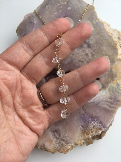 Herkimer Diamond Necklace - Raw Crystal Pendant Jewelry in Silver or Gold - Long Y Lariat Layering Necklace for Women - Perfect for Boho Style, Layered Looks & Special Occasions