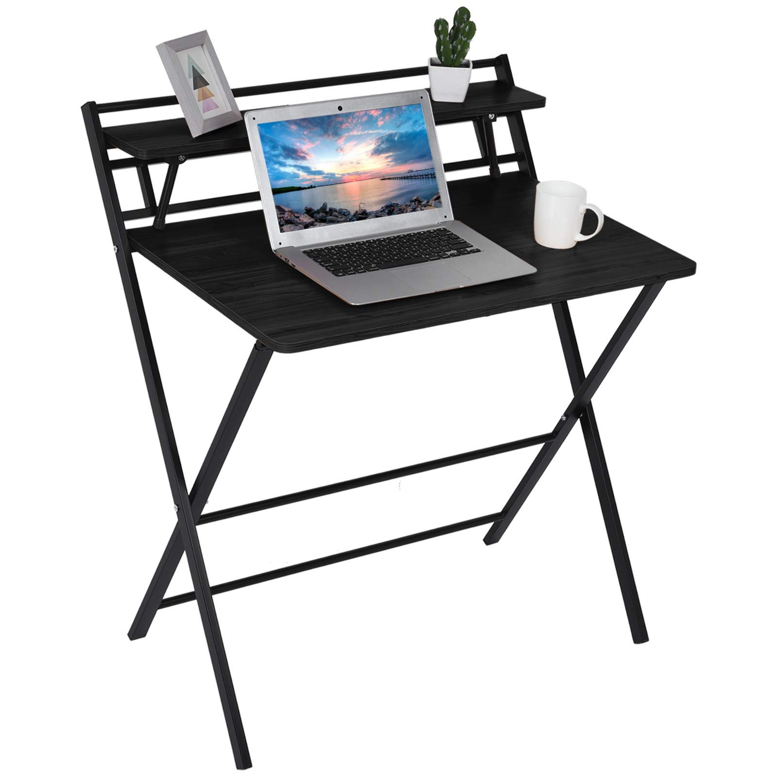 TOHOSP 2-Tier Folding Desk with Storage Shelf - Portable Foldable Study Table for Small Spaces, Home Office, Dorm Room & Apartment - No Assembly Required Compact Workstation for Remote Work, Online Classes & Crafting