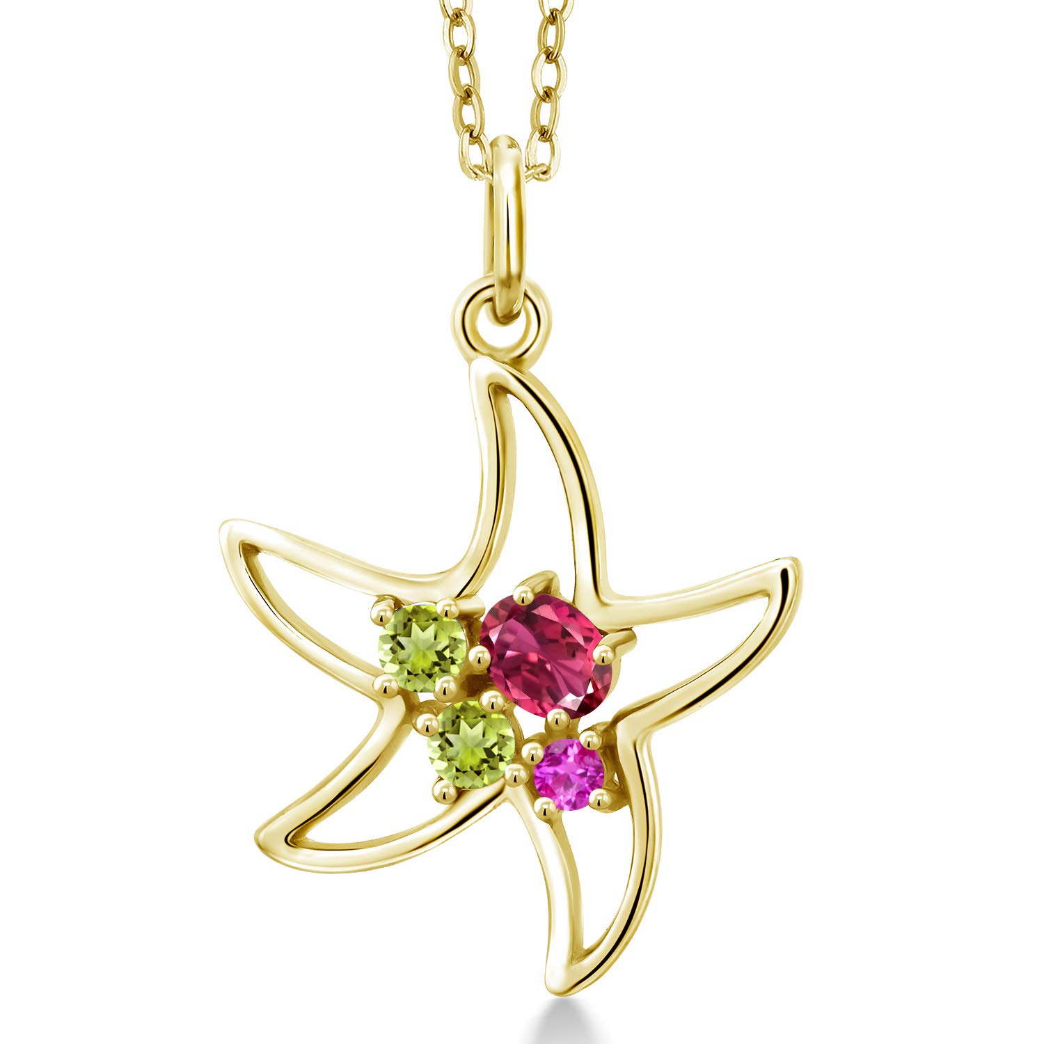 0.34 Ct Pink Tourmaline & Green Peridot Starfish Necklace - 18K Gold Plated Sterling Silver Jewelry for Women - Beach Vacation, Summer Party & Gift Giving