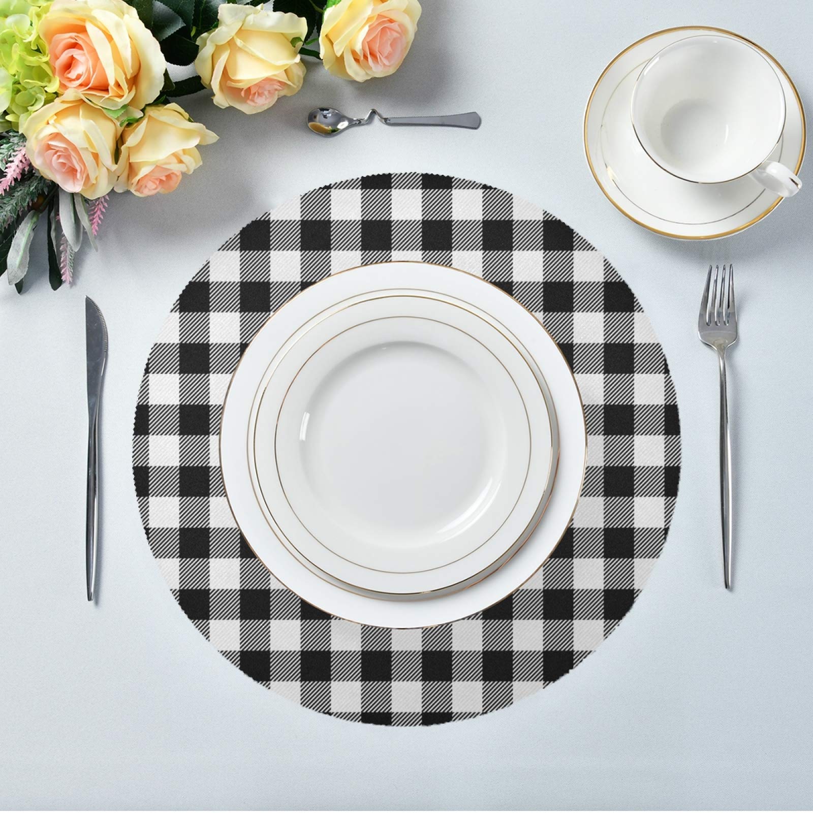 Durable Non-Slip Buffalo Plaid Round Placemats Set of 6 - Heat & Stain Resistant Table Mats for Kitchen Dining, Holiday Decor, Outdoor BBQ & Picnic - Waterproof Washable Home Decor Placemats