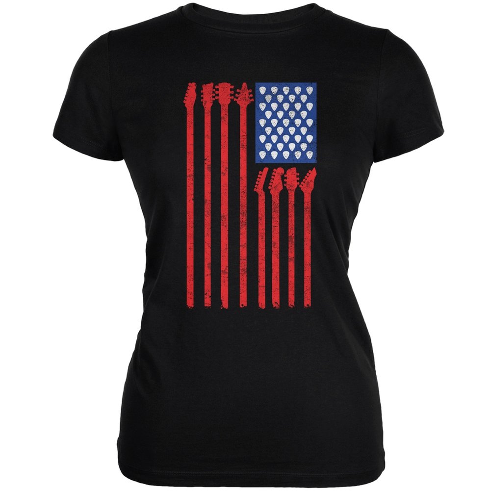 Old Glory 4th of July Patriotic Stars & Stripes Guitar American Flag Junior's Soft Cotton T-Shirt - Perfect for Independence Day Celebrations, Concerts & Summer Festivals