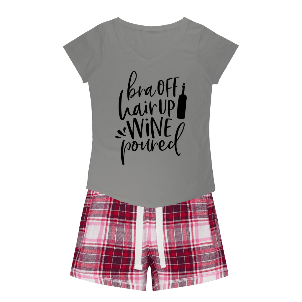 WineyBitches.Co Women's Funny Sleepy Tee & Flannel Shorts Set - 'Bra Off Hair Up Wine Poured' Slogan Graphic - Comfy Lounge & Sleepwear for Wine Lovers