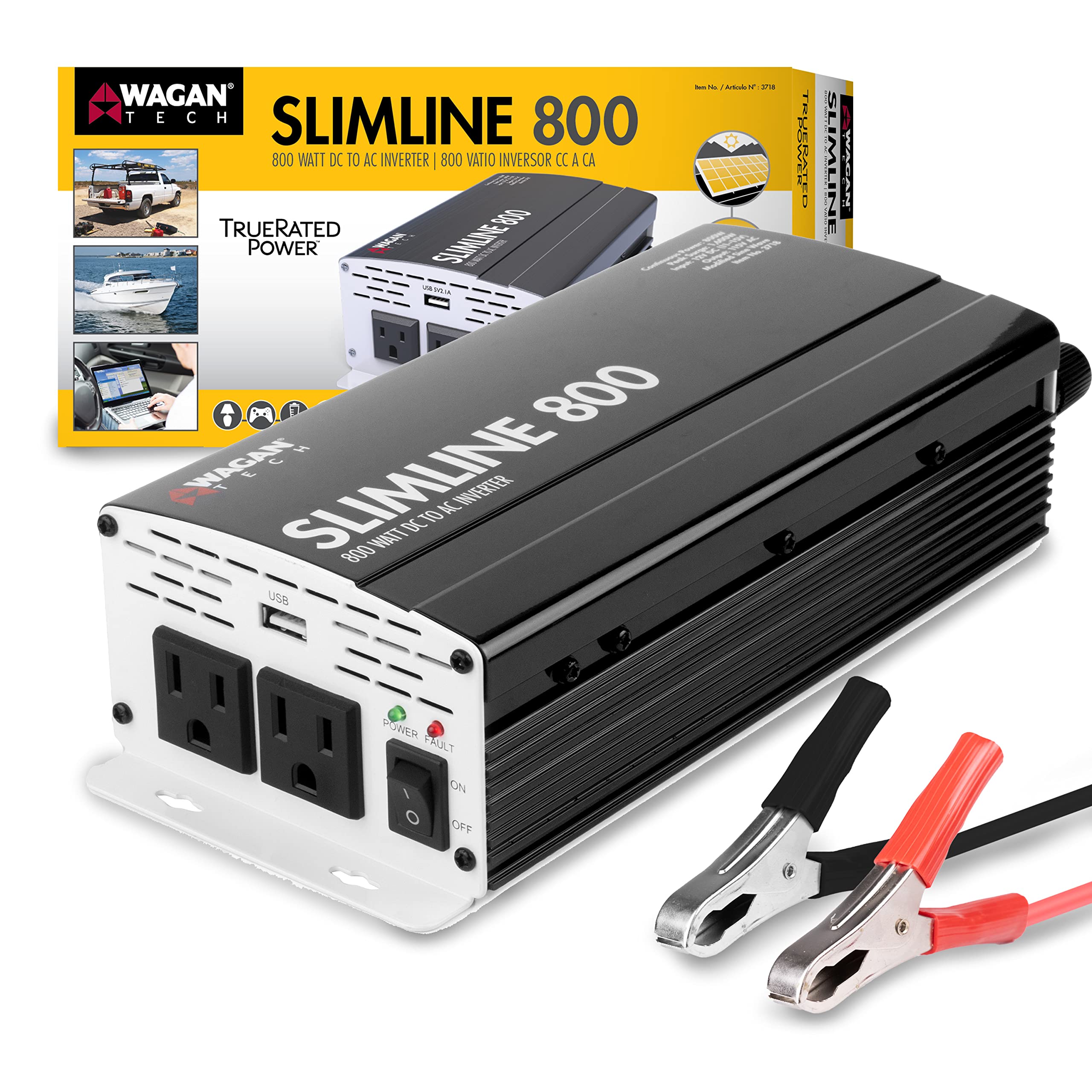 Wagan EL3718 800W TrueRated Power Inverter - DC 12V to AC 110V Converter with 2 Outlets & 2A USB Port - 1600W Surge for Cars, RVs, Boats & Outdoor Power Needs