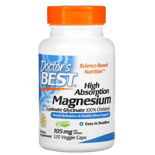 Doctor's Best High Absorption Magnesium Supplement - 105mg per Capsule, 120 Vegan Capsules for Stress Relief, Muscle Recovery & Better Sleep