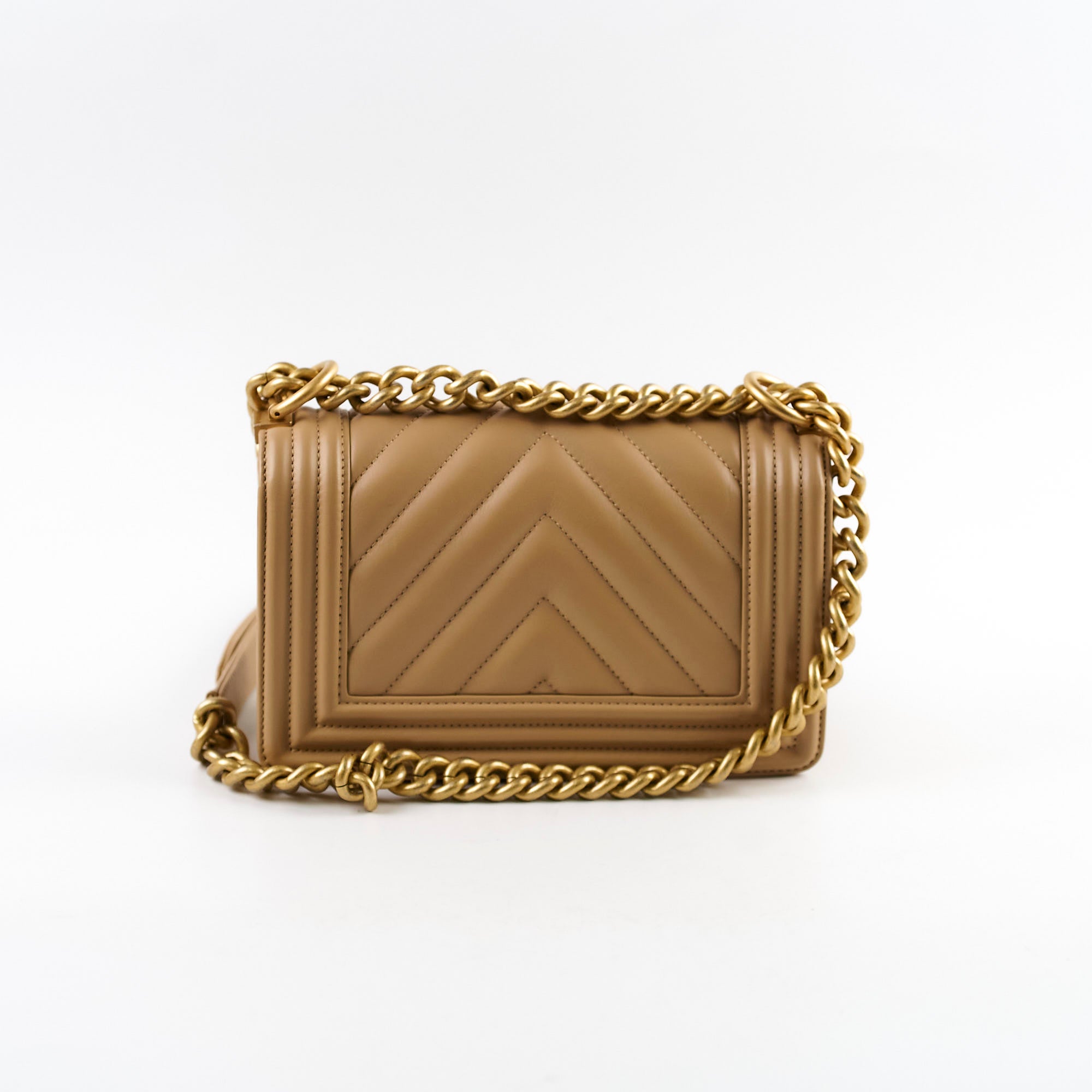 Chanel Small Boy Chevron Beige Calfskin Leather Handbag - Luxury Designer Crossbody Bag for Women, Perfect for Date Night & Evening Events