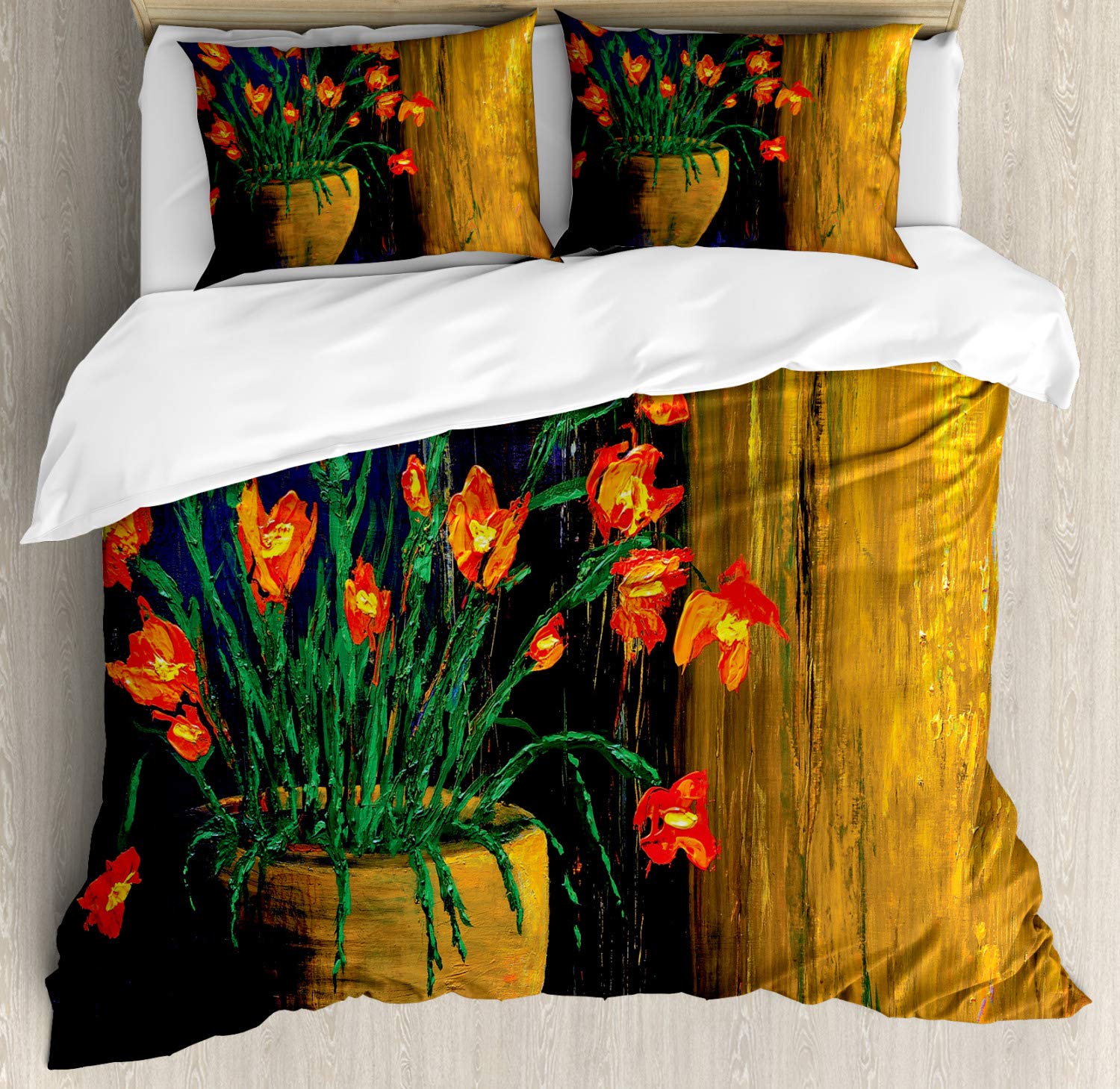 Ambesonne Floral Duvet Cover Set Queen Size - Oil Painting Botanical Vase Design Weathered Look - 3 Piece Bedding Set with 2 Pillow Shams - Vermilion Blue - Perfect for Bohemian Bedroom Decor & Guest Room Styling