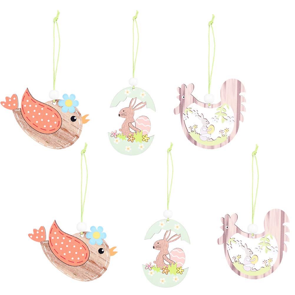 INOOMP 6-Piece Easter Hanging Ornament Set - Wooden Egg Shell Rabbit, Chicken & Bird Decorations (2 Egg Rabbits, 2 Wood Grain Chickens, 2 Orange Wing Birds) - Perfect for Easter Tree Decor, Spring Home Decoration & Holiday Party Favors