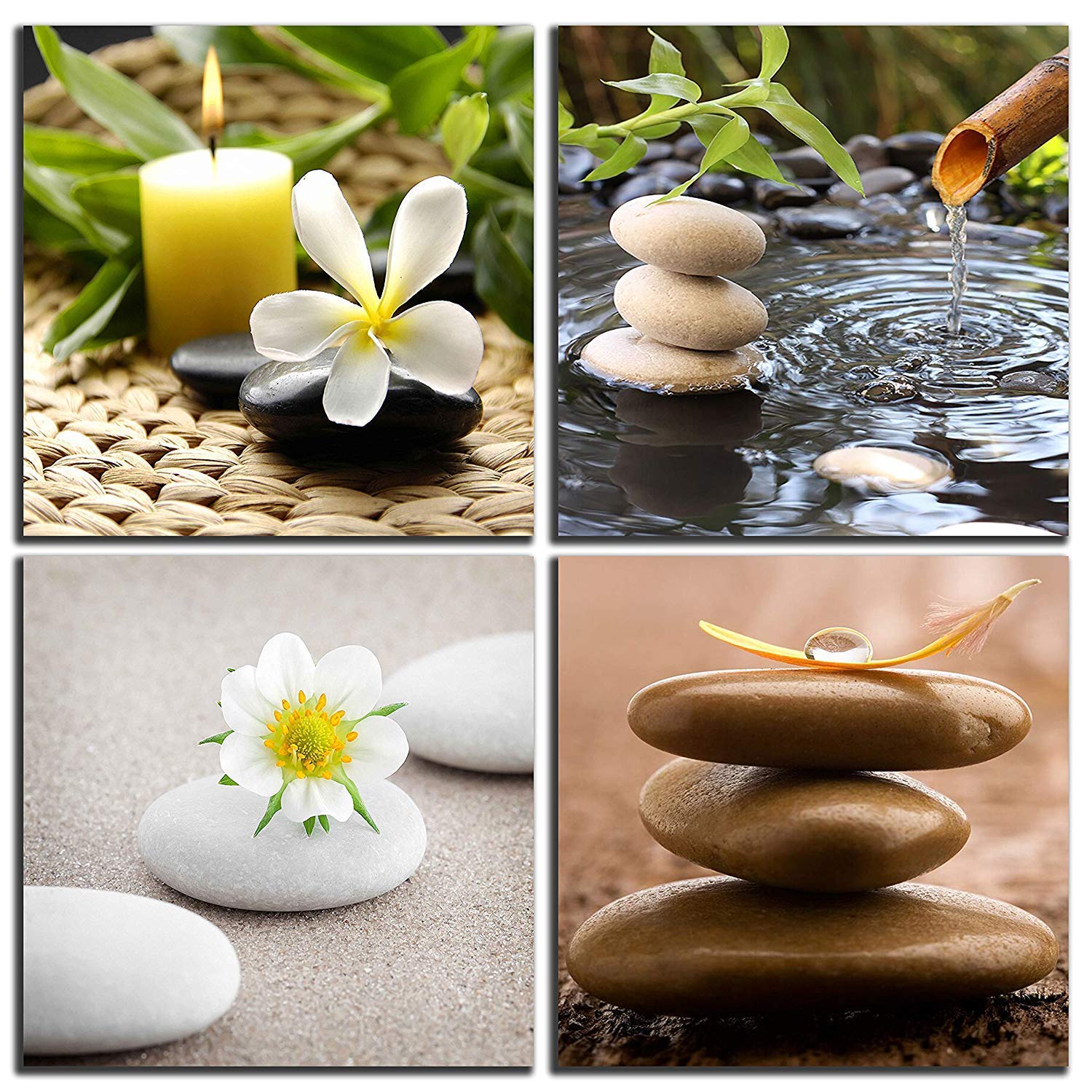 Zen Canvas Wall Art - Green Bamboo Fountain & Stone Jasmine Painting - Modern Home Decor for Living Room, Bedroom & Spa - Handmade Canvas Wall Art for Relaxation & Meditation
