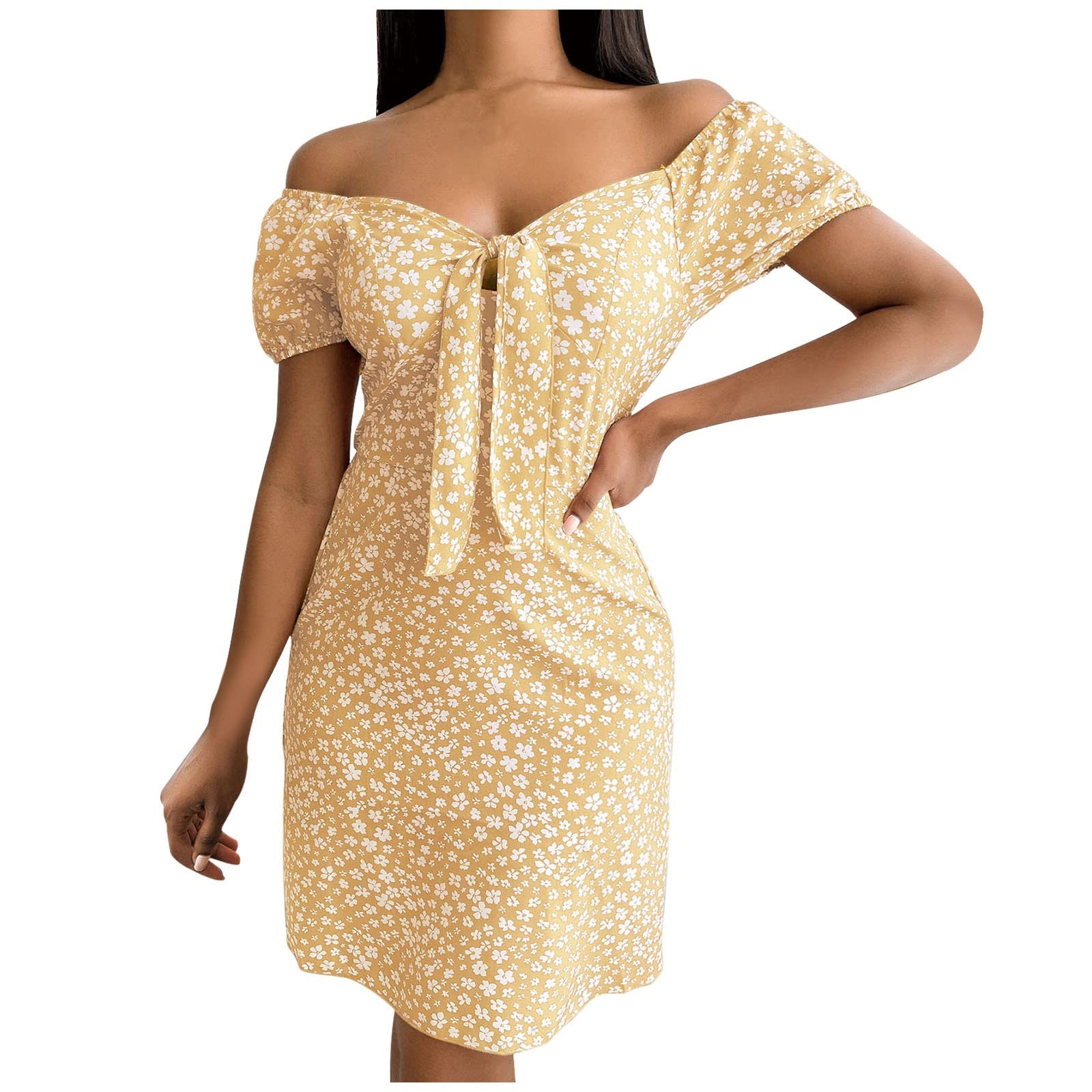 Vintage Floral Print Off Shoulder Tie Front Mini Dress for Women - High Waist Summer Beach Dress in Black | Perfect for Beach Vacations, Date Nights & Summer Parties