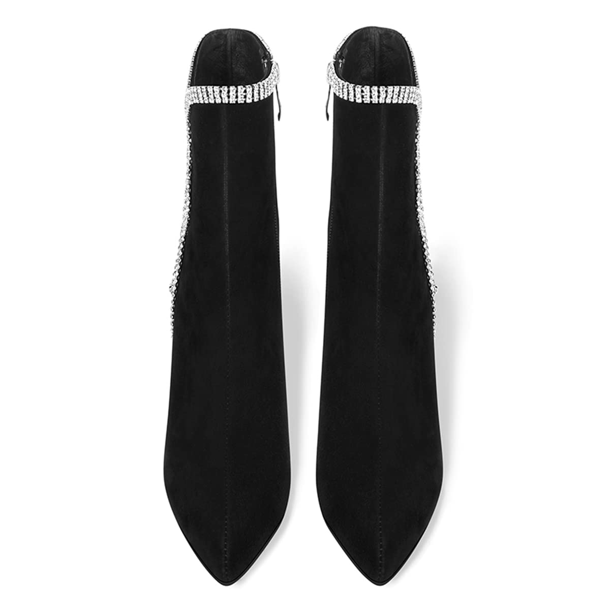 YDN Women's Rhinestone Chain Pointy Toe Stiletto High Heel Ankle Boots - Side Zipper Faux Suede Dress Shoes (US Size 4-15) for Party, Wedding & Formal Occasions