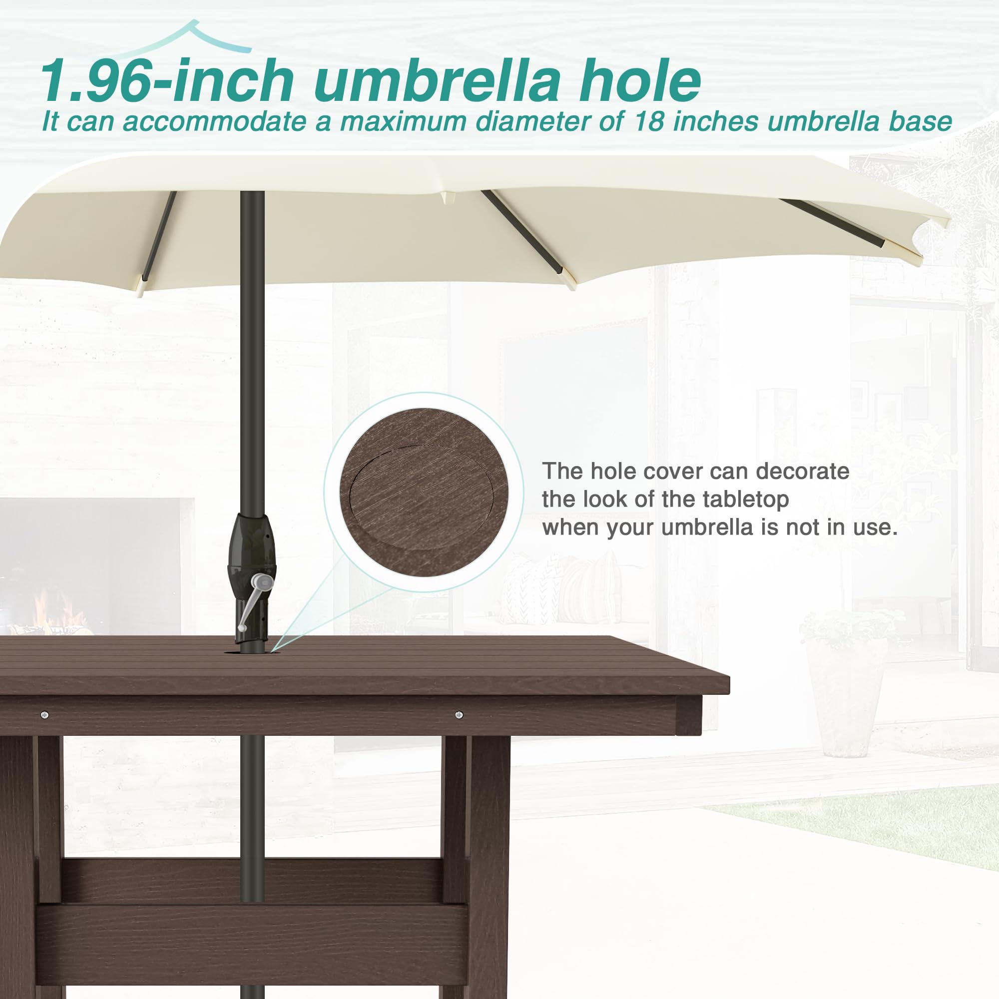 5-Piece Outdoor Dining Set - HDPE Weather-Resistant Patio Table & Chairs with Umbrella Hole - Square Balcony Furniture Set (Dark Brown) - Perfect for Backyard, Garden & Poolside Entertaining