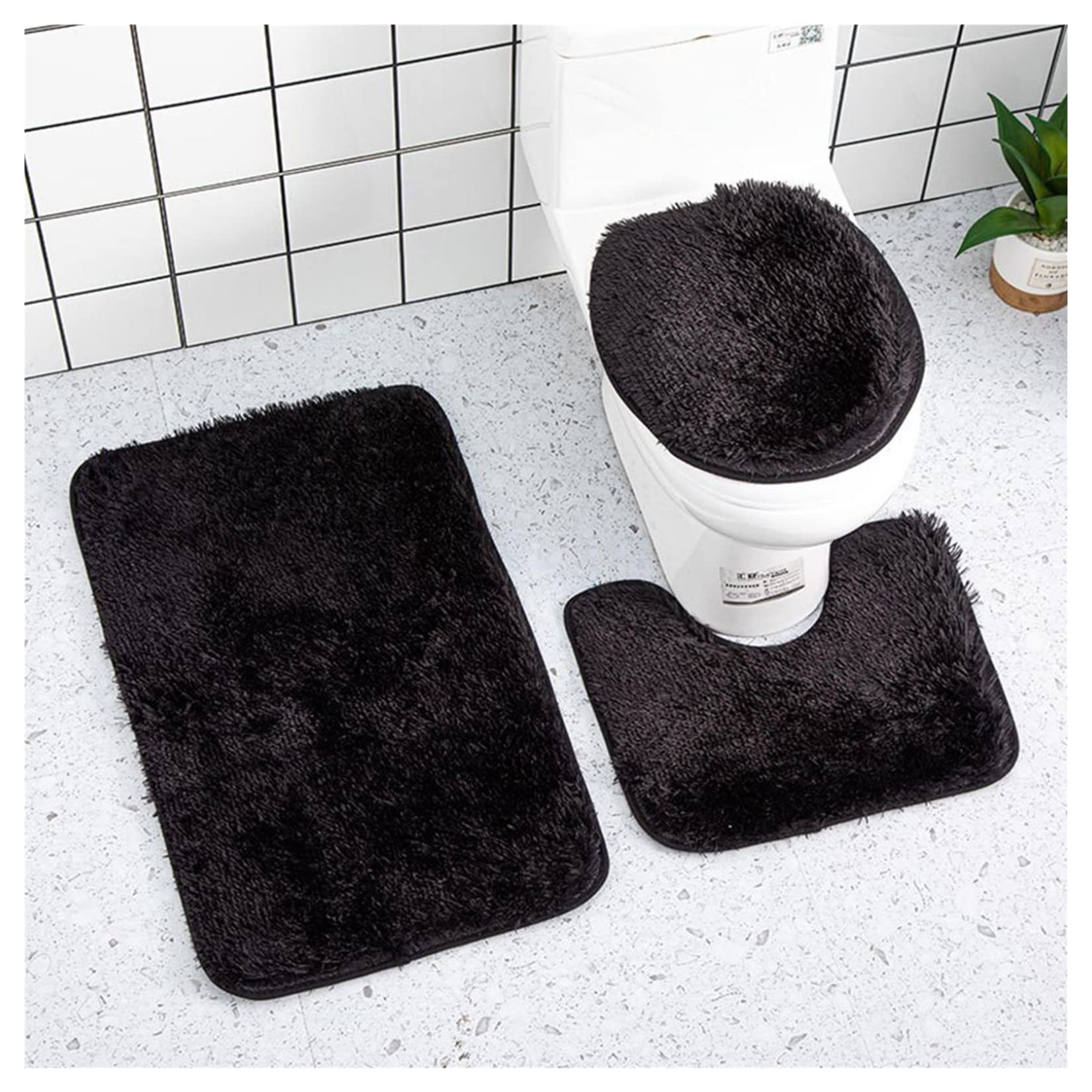 Premium 3-Piece Bathroom Rug Set - Soft Shaggy U-Shaped Contour Mat & Toilet Carpet - Non-Slip, Quick-Dry, Absorbent - Perfect for Bathroom, Toilet, Commode - Home Decor Essentials (Solid Color)
