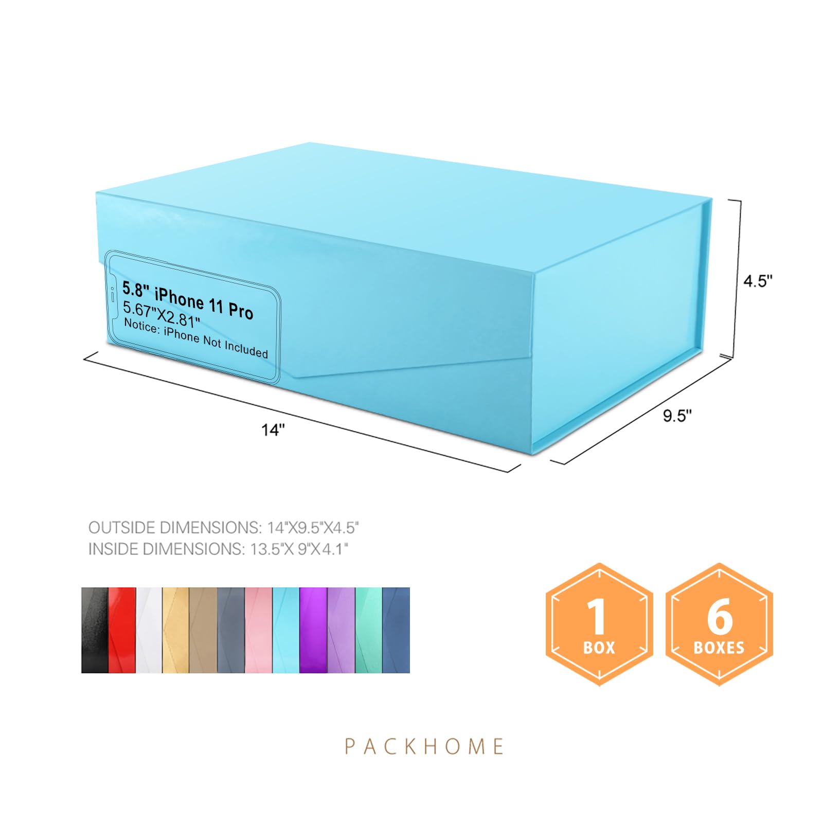 PACKHOME 6 Large Gift Boxes 13.5x9x4.1in - Sturdy Magnetic Closure (Glossy Blue) for Gifts & Storage