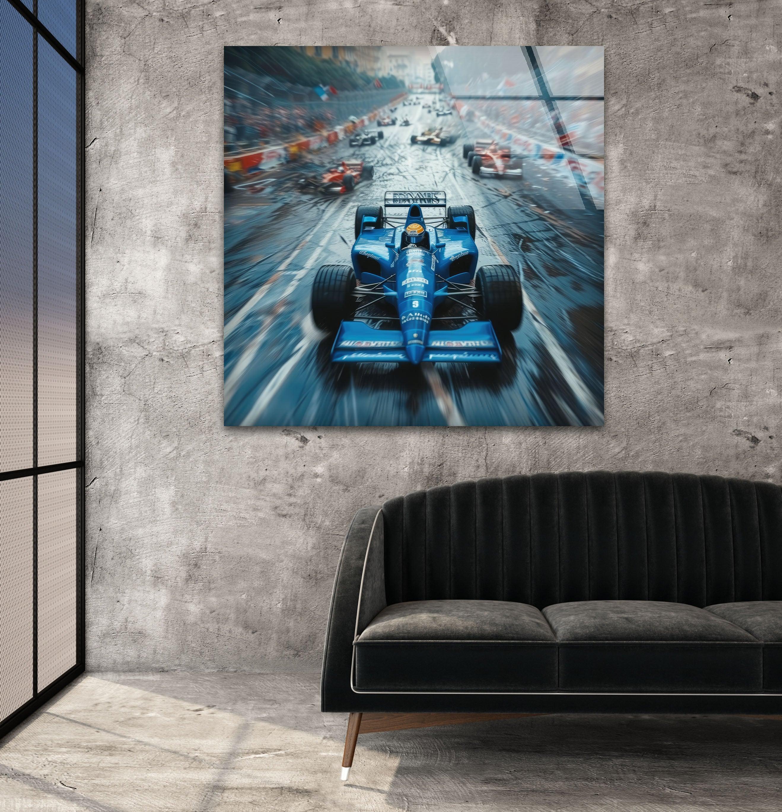 Blue Formula 1 Racing Car Glass Wall Art - Premium Decorative Home & Office Decor for Motorsport Fans