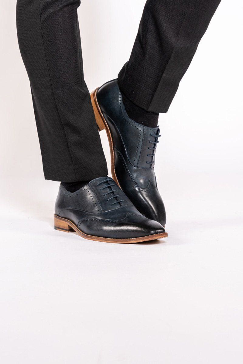 Marc Darcy Carson Navy Wingtip Oxford Brogue Shoes for Men - Classic Dress Shoes for Business, Formal & Wedding Occasions