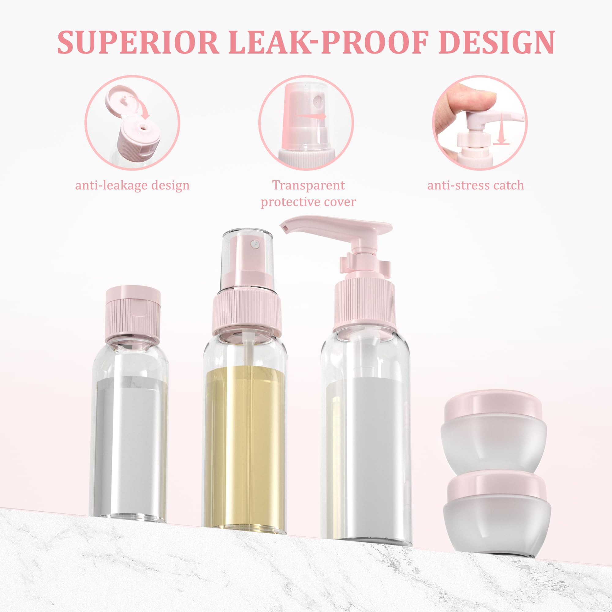 TSA Approved Leakproof Travel Bottles Set (12 Pack) - Pink Cosmetic Containers for Shampoo, Conditioner & Lotion | Perfect for Air Travel, Gym & Vacation Toiletries Organization