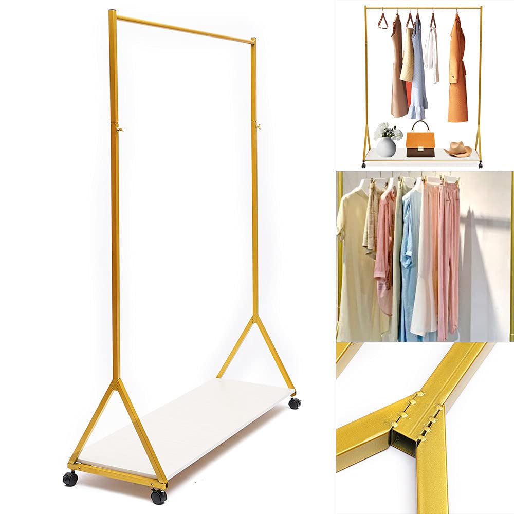 Golden Metal Wrought Iron Clothing Rack with Shelves - Heavy Duty Garment Display Stand for Wedding Dresses, Bridal Gowns & Retail Stores - Single Tube 1 Shelf Design for Bedroom, Boutique or Bridal Shop Organization