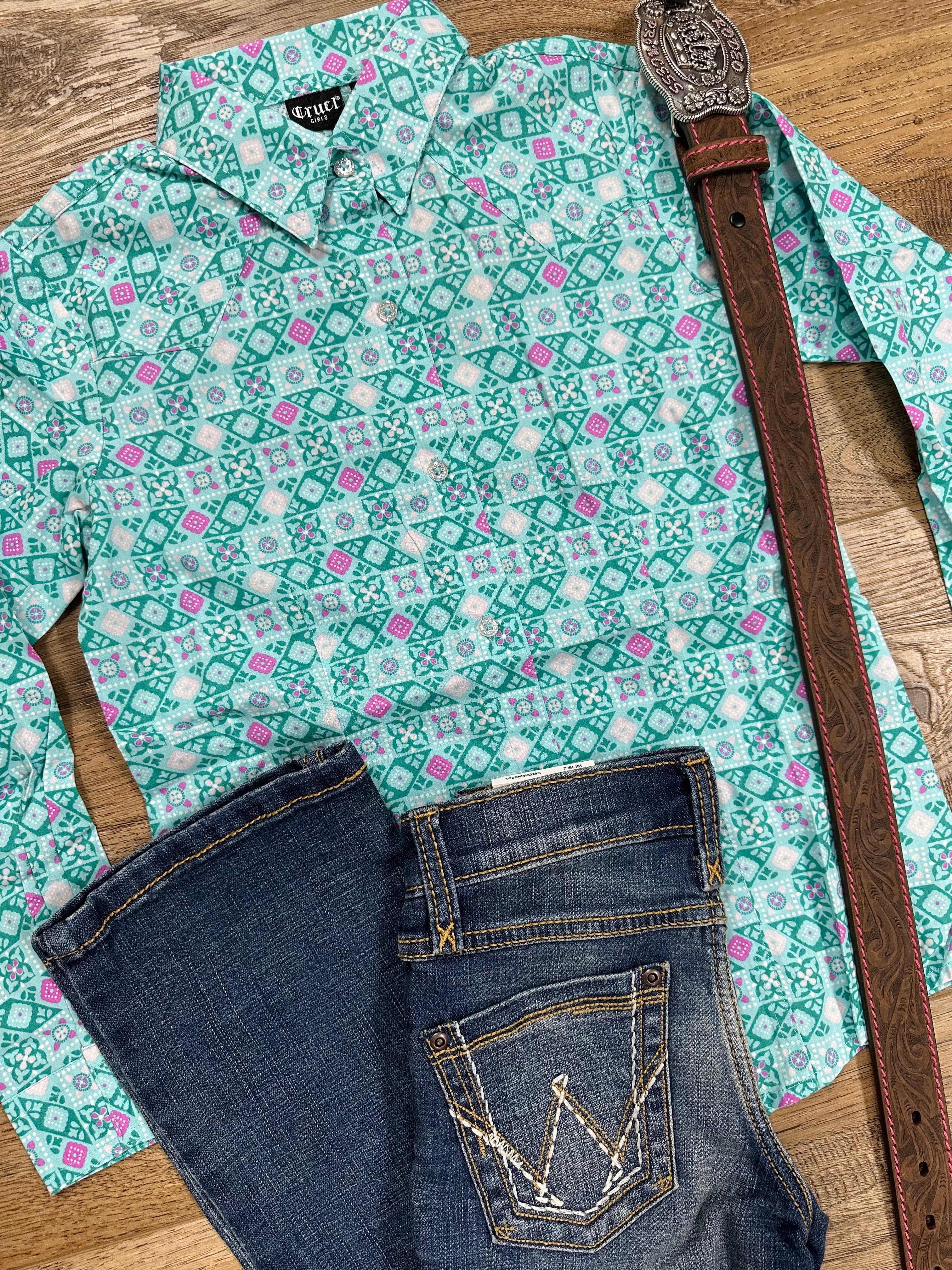 Cruel Girls Long Sleeve Blue & Pink Sparkle Button Western Shirt - Perfect for Cowgirl Fashion, Rodeo Events & Western-Themed Parties