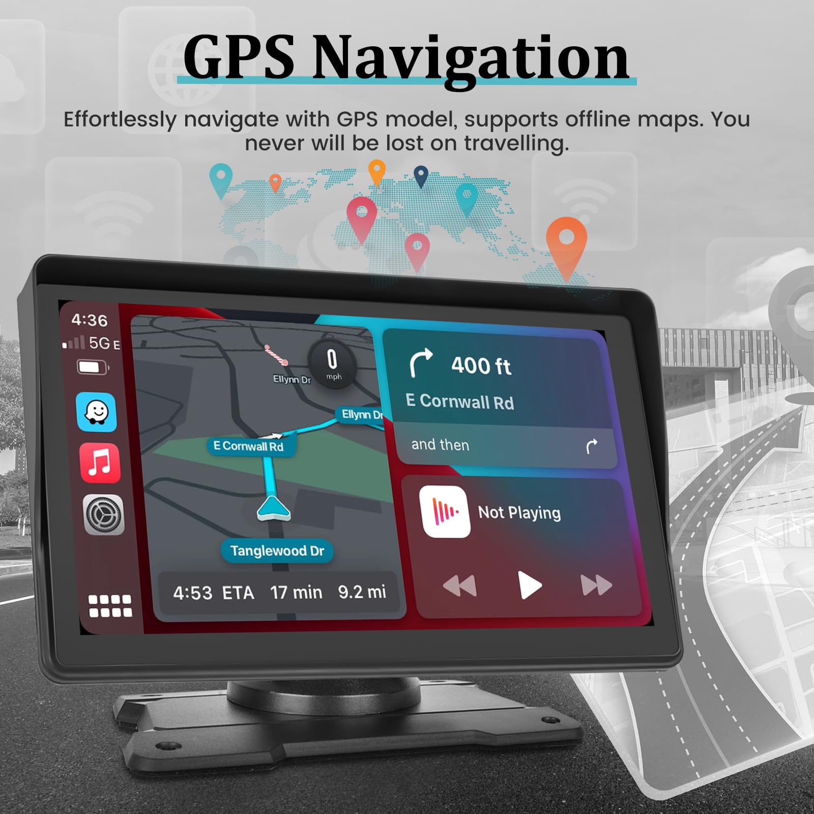 7 Inch Portable Apple CarPlay & Android Auto Wireless Car Screen - GPS Navigation System with Mirror Link, Bluetooth, FM Transmitter & USB - 12 LED Backup Camera for Safe Parking - Perfect for Road Trips & Daily Commuting