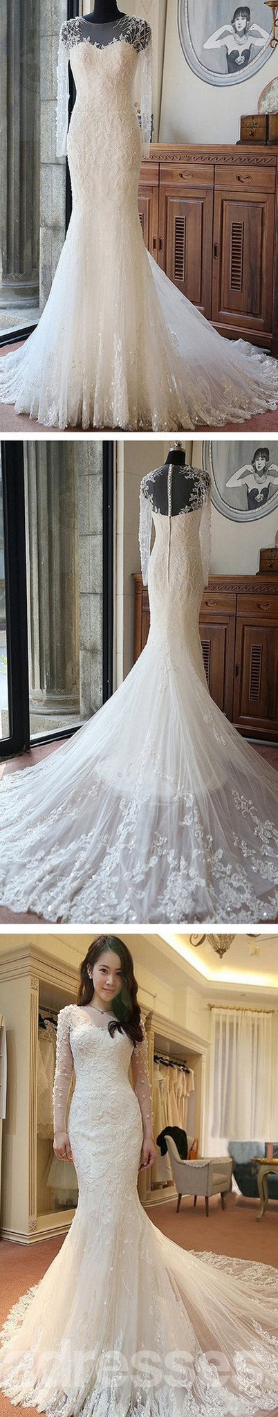 Elegant Custom Long Sleeve Sexy Mermaid Wedding Dress with Lace & Beading - Perfect for Bridal Party, Prom & Formal Events - WD0011