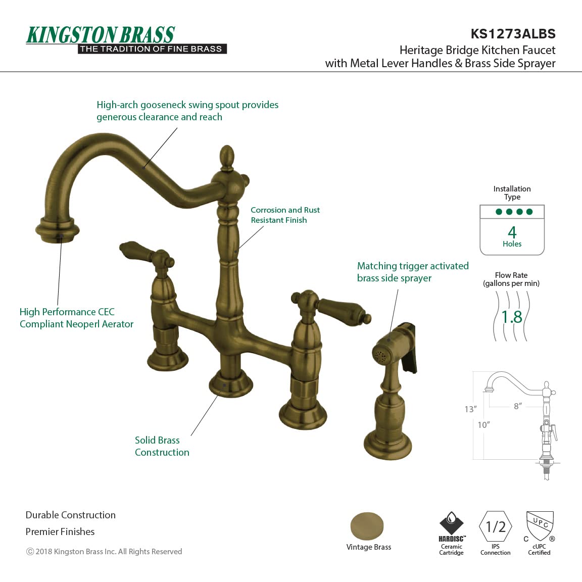 Kingston Brass KS1273ALBS Heritage 8-Inch Kitchen Bridge Faucet with Brass Sprayer - Antique Brass Finish - Perfect for Farmhouse, Vintage & Traditional Kitchen Sinks