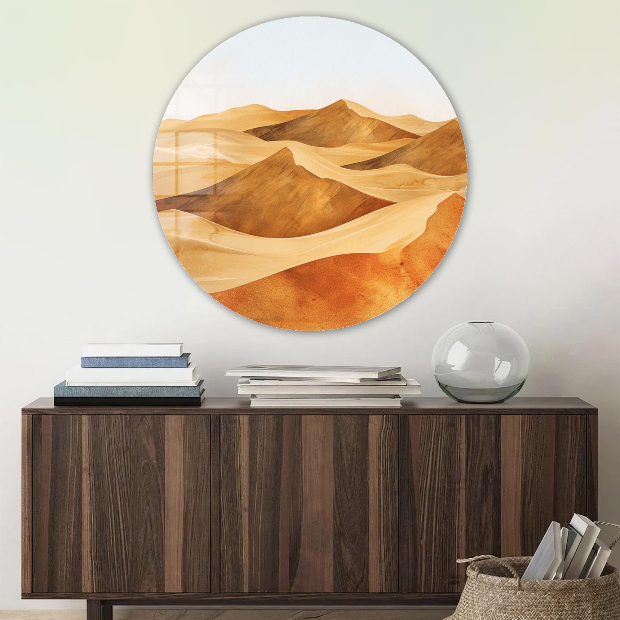 Modern Rounded Glass Wall Art - Desert Landscape Design for Living Room, Bedroom & Office Decor