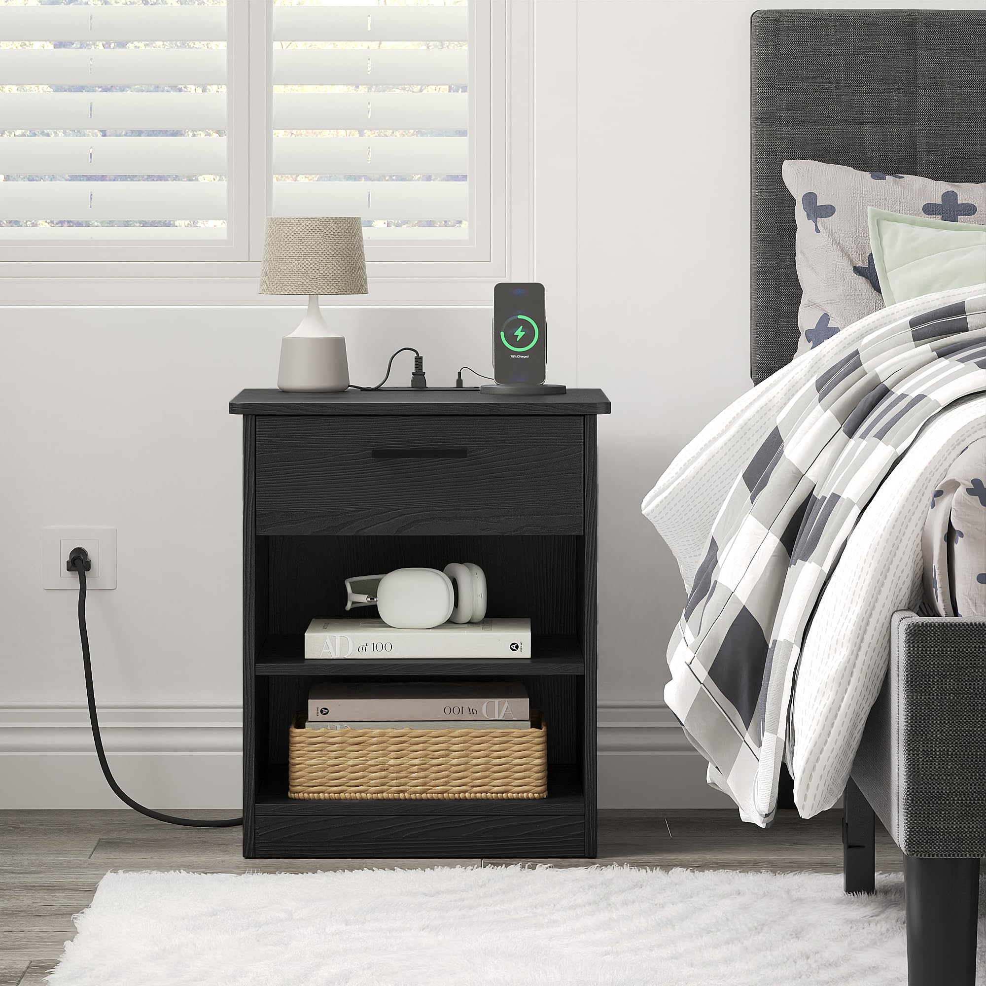 Fast Charging Wooden Side Table with USB-C Port - Black Nightstand with Drawer & Adjustable Shelf for Bedroom | Compact End Table for Phone Charging, Reading Lamp & Alarm Clock Placement (Set of 1)