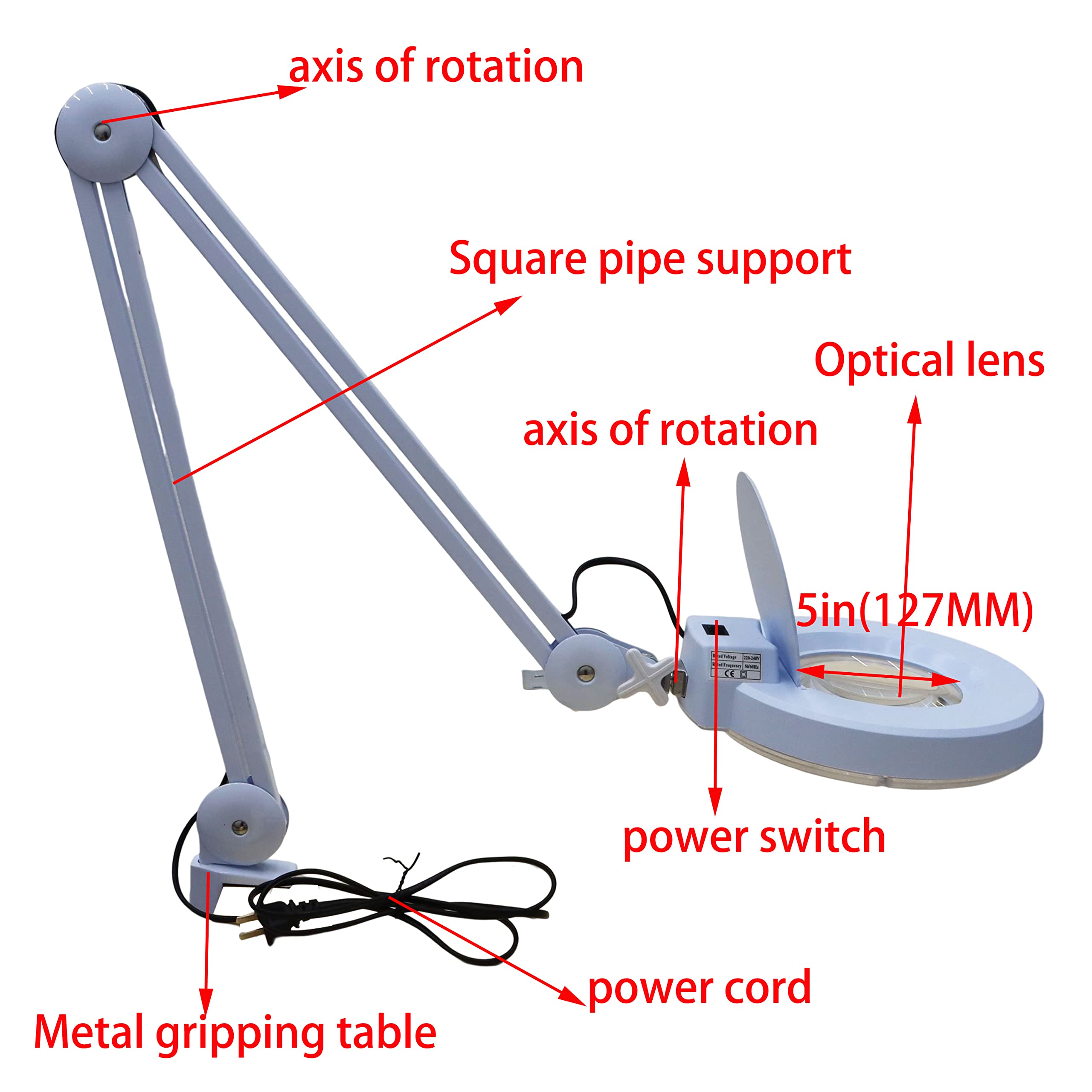 INTBUYING 110V LED Magnifying Lamp with 8X White Glass Lens - Adjustable Desk Clamp Light for Reading, Crafts, Jewelry Making & Precision Work