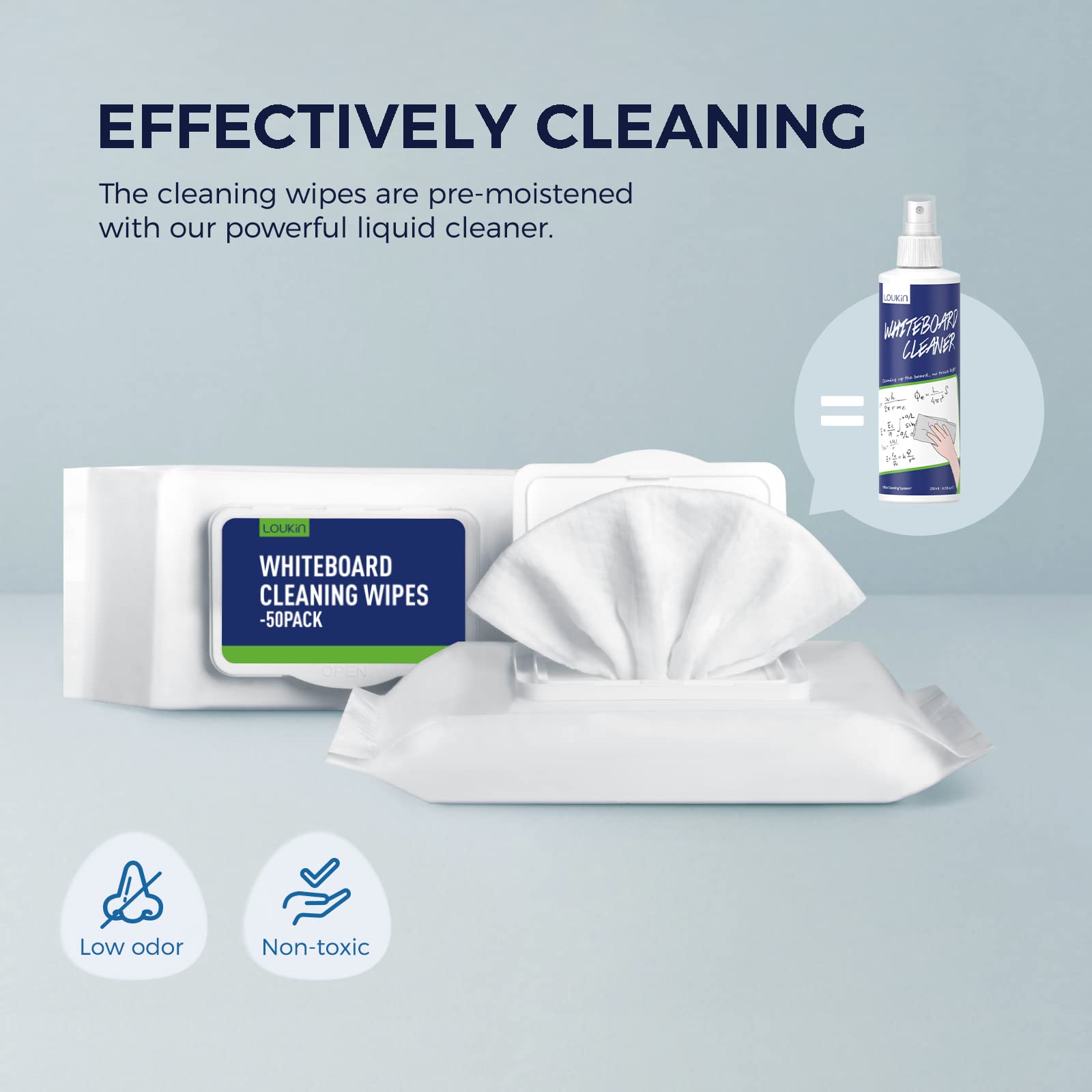 LOUKIN Dry Erase Wipes - Non-Toxic Whiteboard Cleaning Wipes (50 Count) - Perfect for Classrooms, Offices & Home Use