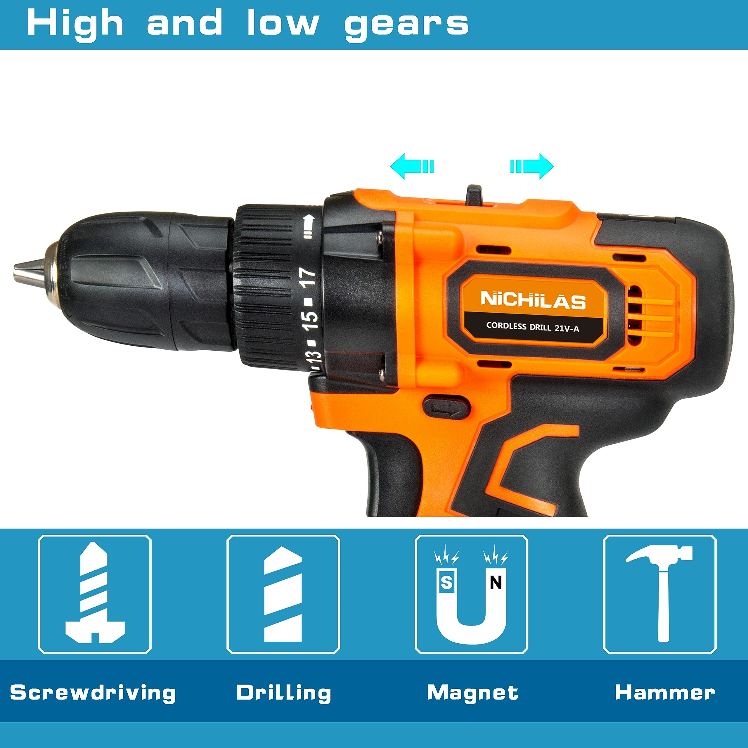 21V Cordless Drill with 2 Variable Speeds & 3/8