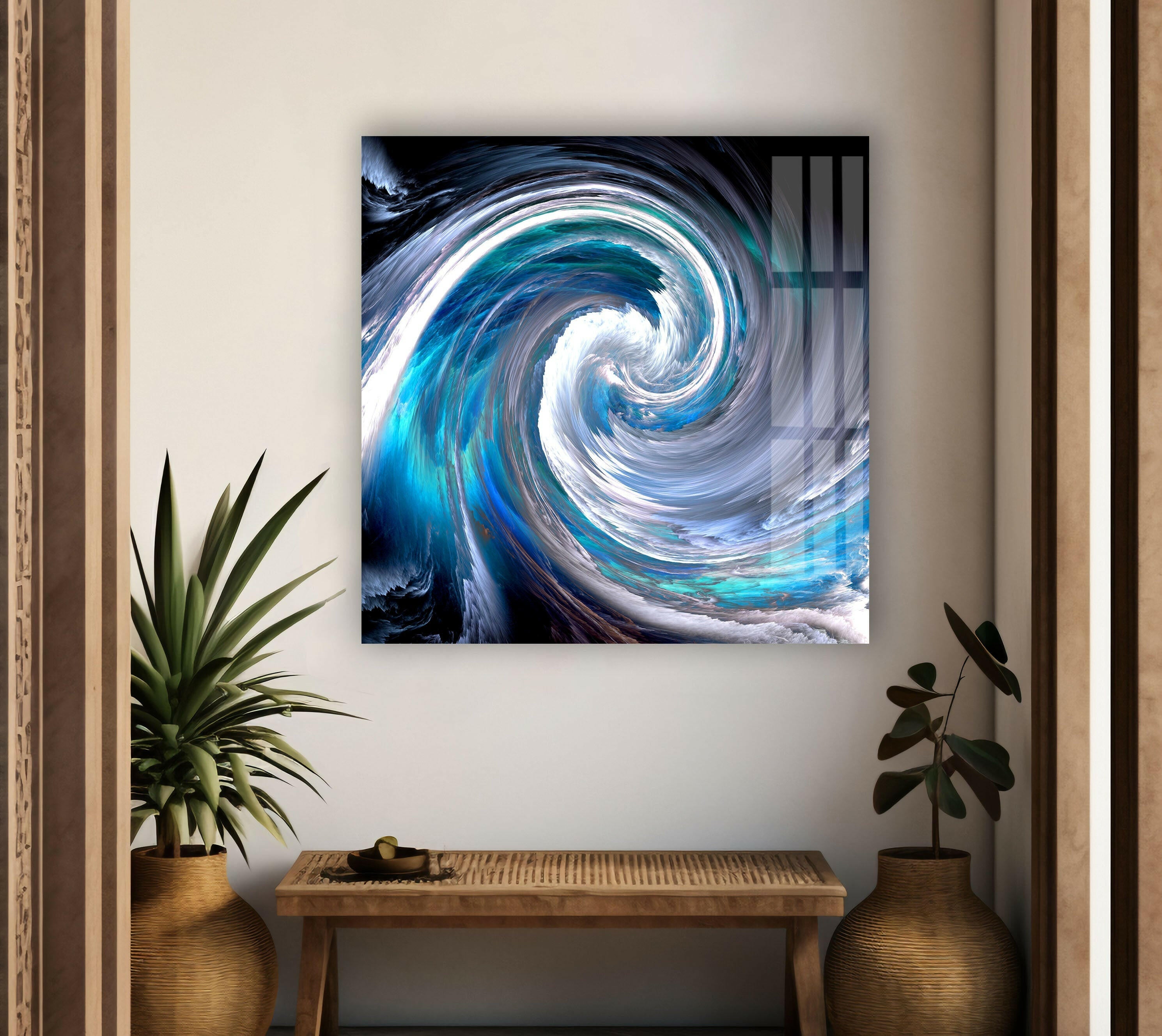 Blue Ocean Swirl Abstract Glass Wall Art - Handmade Modern Sea Wave Decor for Living Room, Bedroom & Office - Unique Home & Interior Design Gift Idea