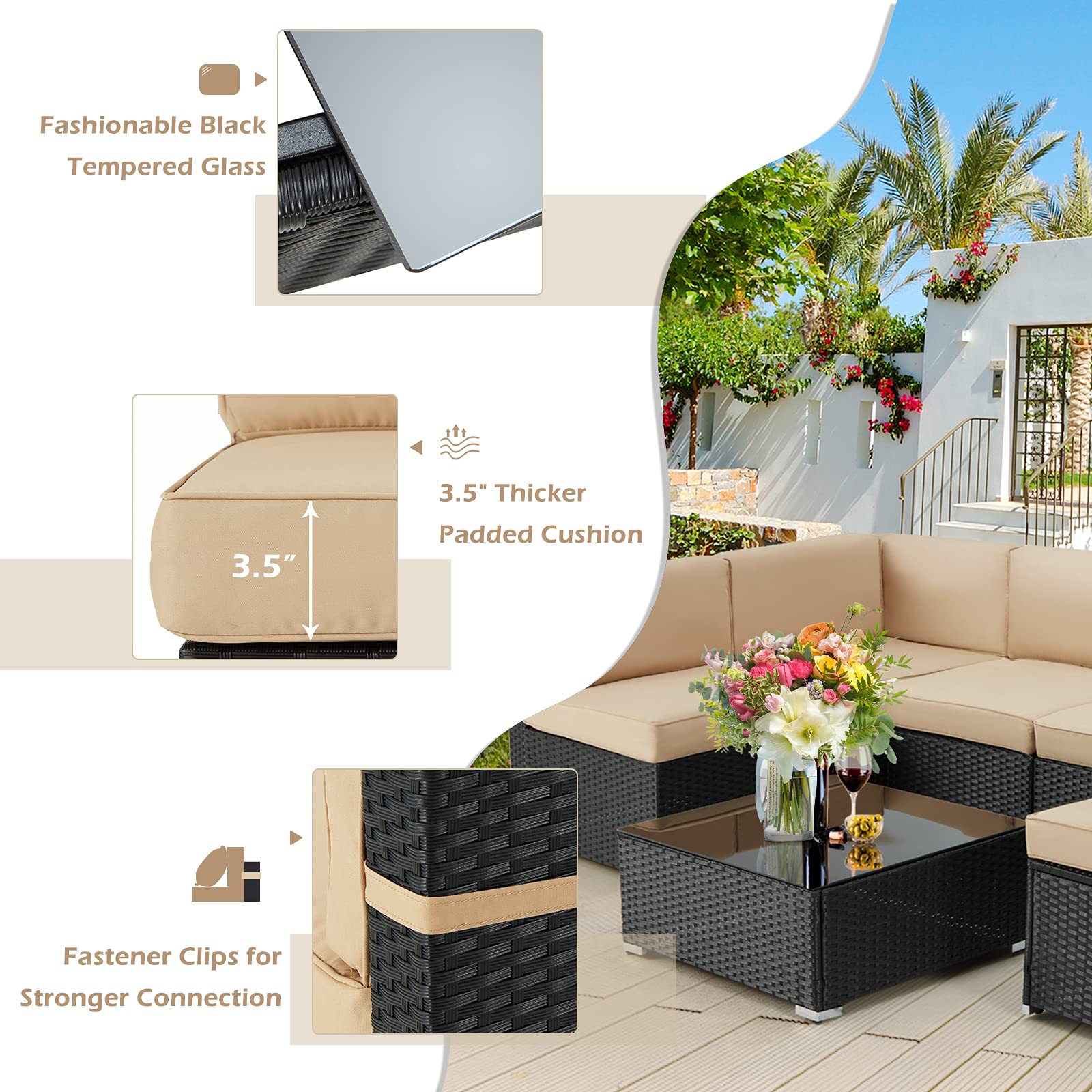AECOJOY 7-Piece Outdoor Patio Furniture Set - PE Rattan Sectional Sofa with Coffee Table, Khaki Cushions & Black Frame - Perfect for Garden, Backyard, Poolside & Outdoor Entertaining