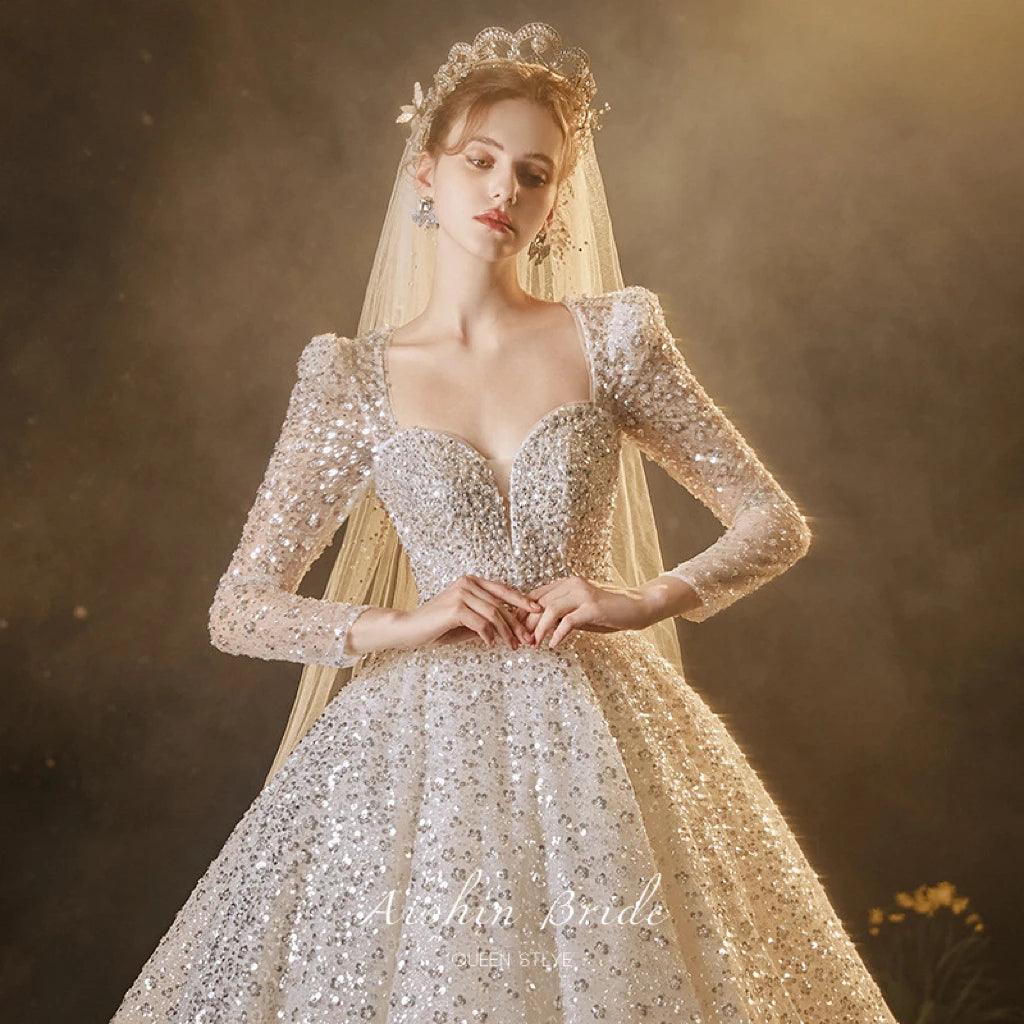 Luxury Sequined A-Line Wedding Dress with Custom Square Collar & Long Sleeves | Elegant Bridal Gown for Church Ceremony, Ballroom Reception & Romantic Photoshoot