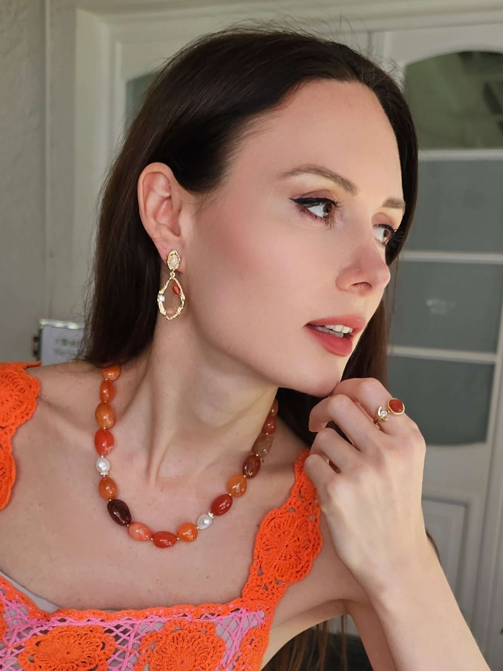 Red Agate Dangle Statement Earrings for Women - Elegant Geometric Frame Design PE034 | Perfect for Parties, Weddings & Special Occasions