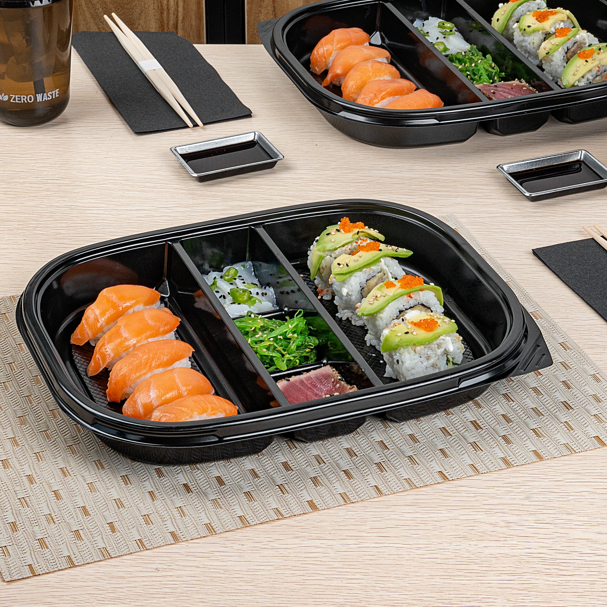 Bento Tek 51 oz Black Plastic Bento Box with 5 Compartments | 12.25