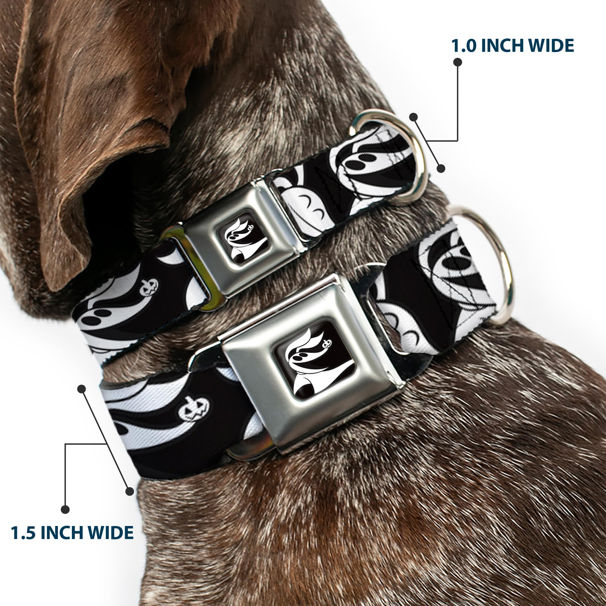 Nightmare Before Christmas Dog Collar - Zero Expressions Black & White Pet Safety Seatbelt Buckle, Adjustable 15-26 Inches, 1-Inch Wide for Small to Medium Dogs - Perfect for Car Travel & Halloween Costumes