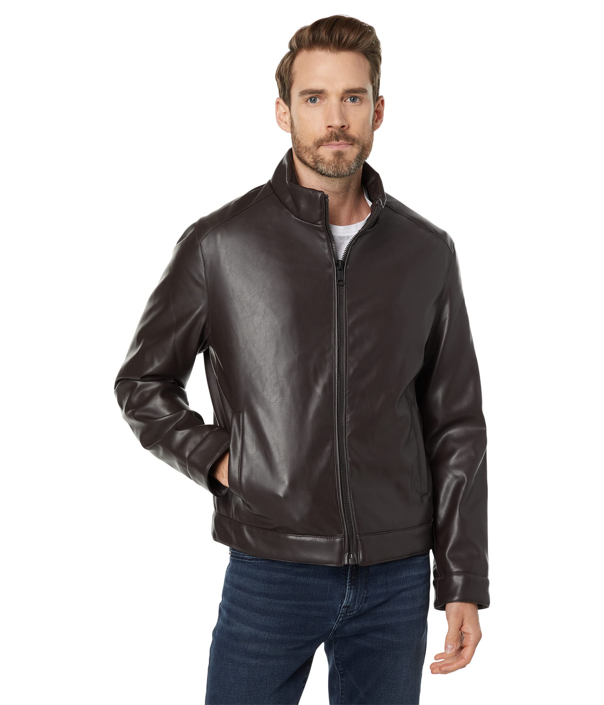 Cole Haan Signature Men's Zip Front Faux Leather Moto Jacket - Stylish Biker Jacket for Men, Lightweight & Comfortable - Perfect for Casual Outings, Motorcycle Rides & Urban Fashion