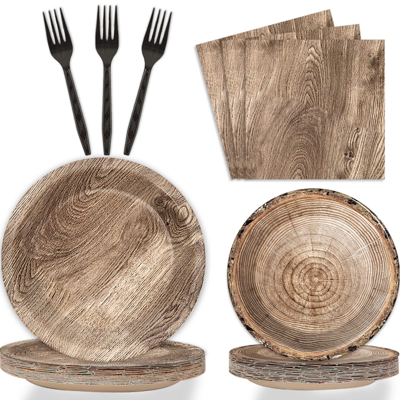 96-Piece Rustic Wooden Tree Party Tableware Set - Lumberjack & Camping Theme Disposable Plates, Napkins, Forks for 24 Guests - Perfect for Outdoor Weddings, Hunting Parties & Cabin Decorations