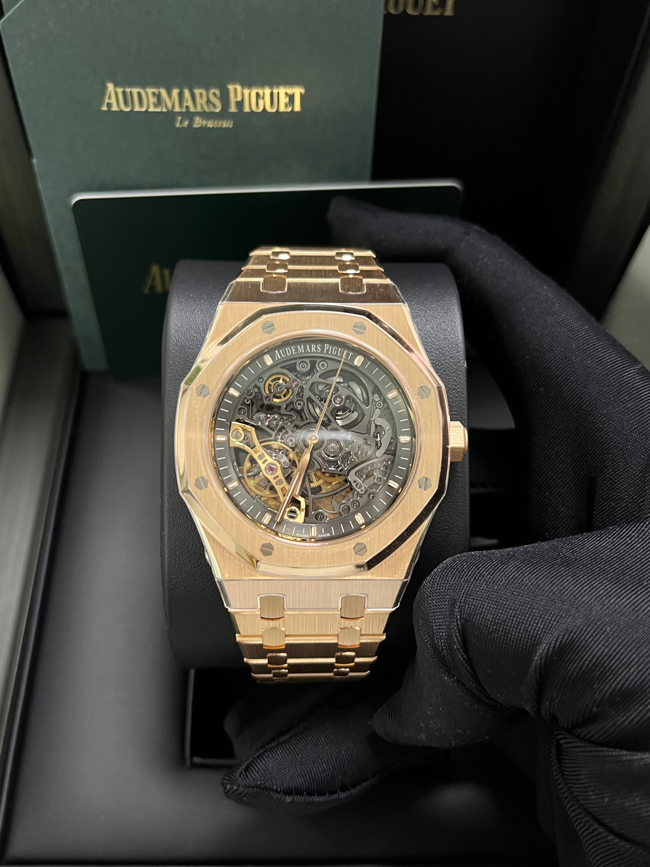 Audemars Piguet Royal Oak 41mm Rose Gold Skeleton Watch with Double Balance Wheel - Ref 15407OR.OO.1220OR.01 - Luxury Openwork Timepiece for Men, Perfect for Business Meetings & Formal Events